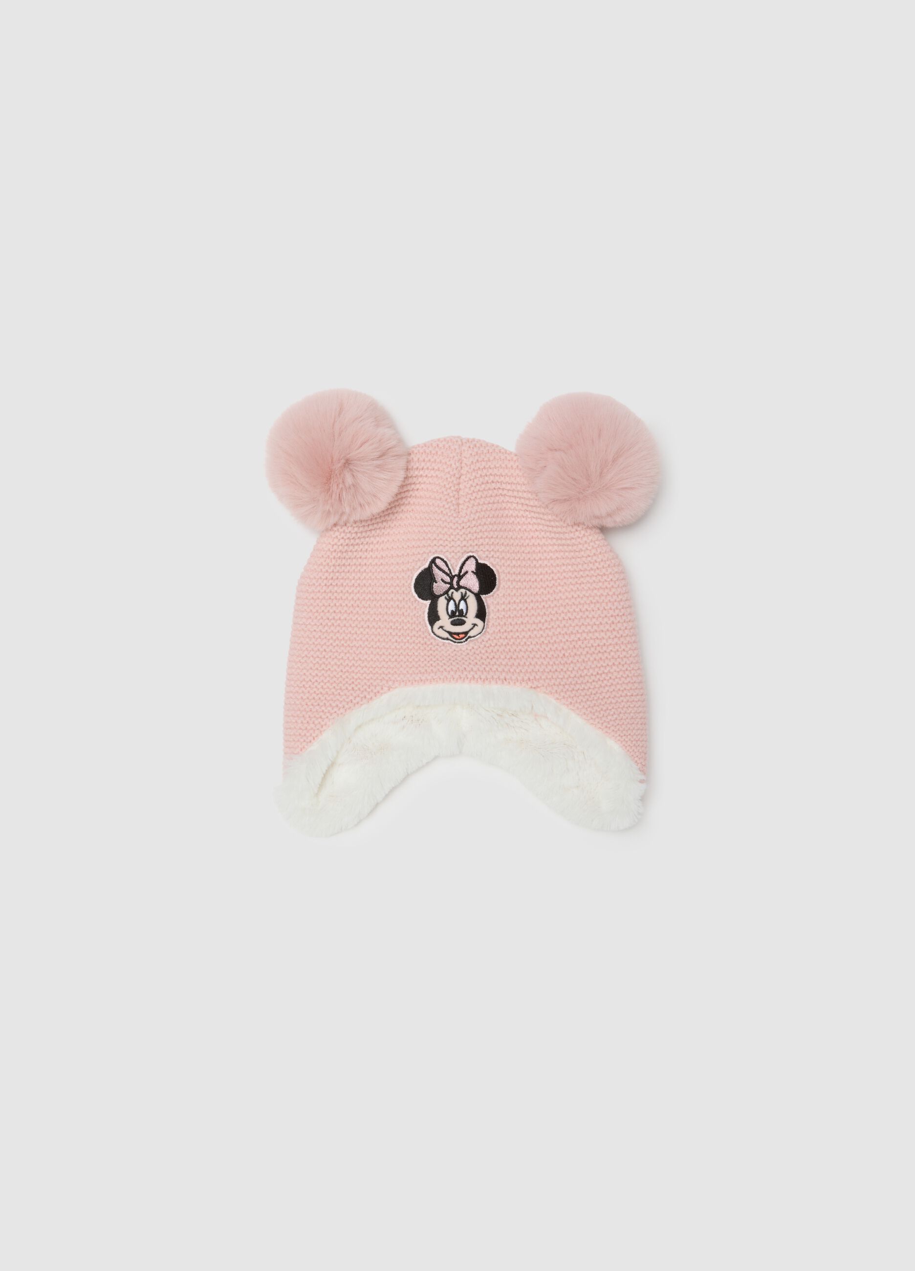 Pink girl's hat with pom poms and Minnie embroidery