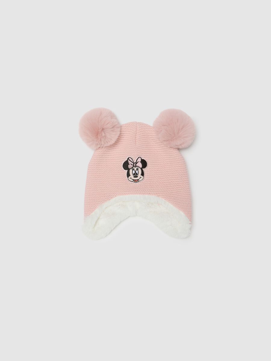 Pink girl's hat with pom poms and Minnie embroidery_0