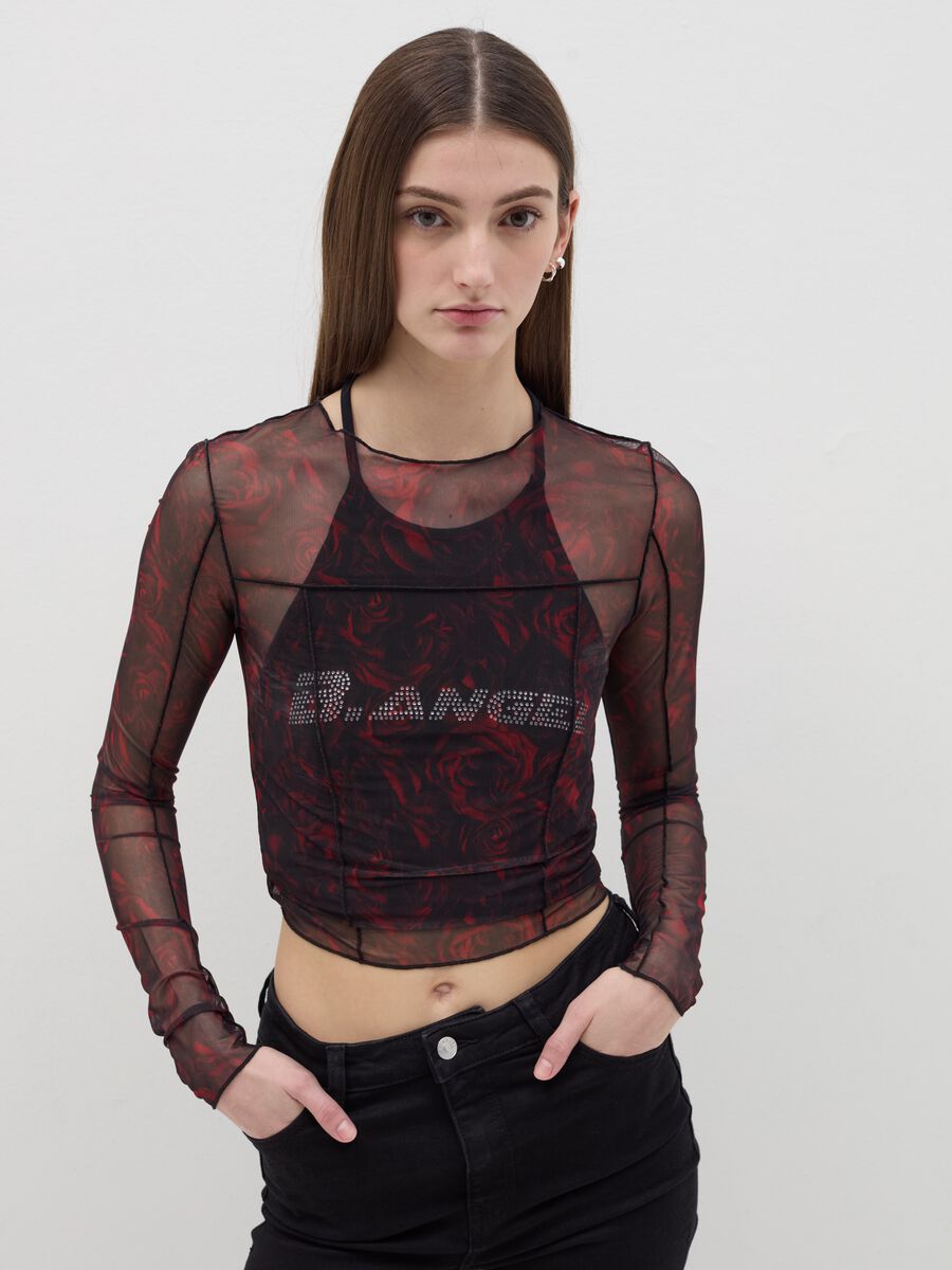 Mesh T-shirt with roses print_0