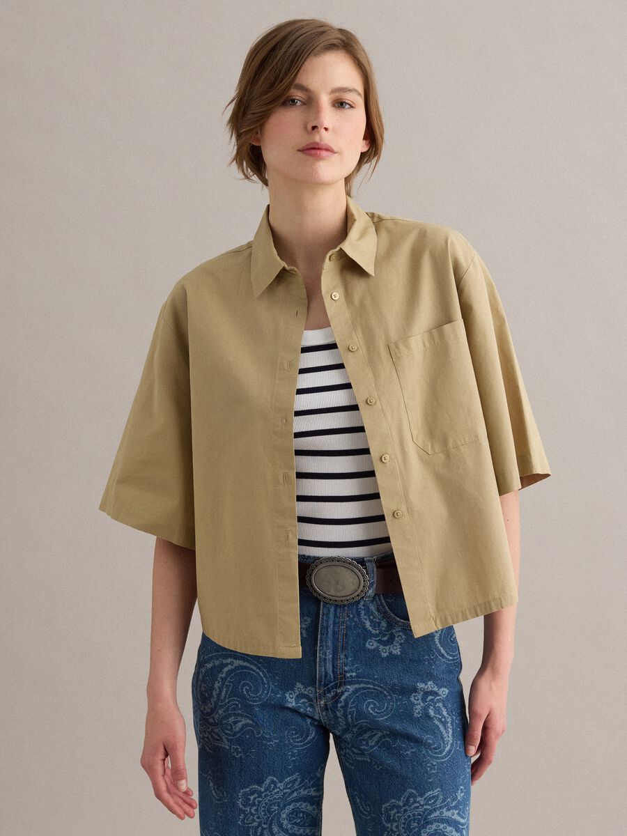 Beige pure cotton shirt with chest pocket, oversized fit_1