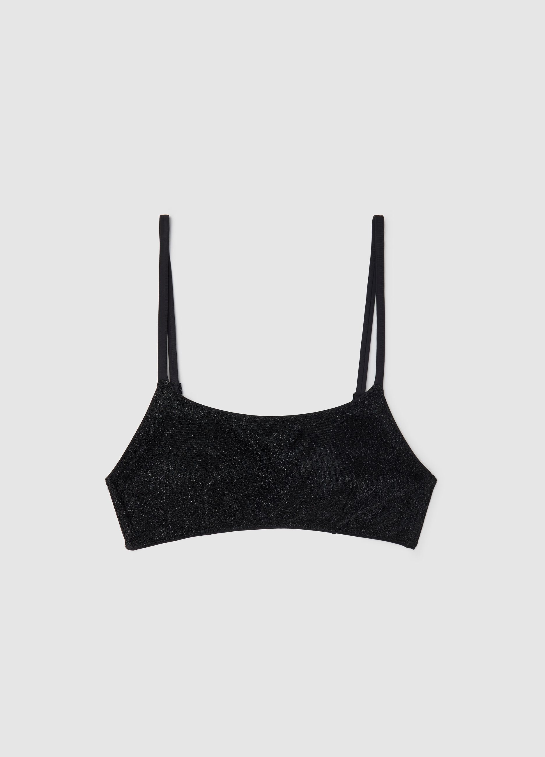 Women’s bikini top in  metallic black fibre with removable padding