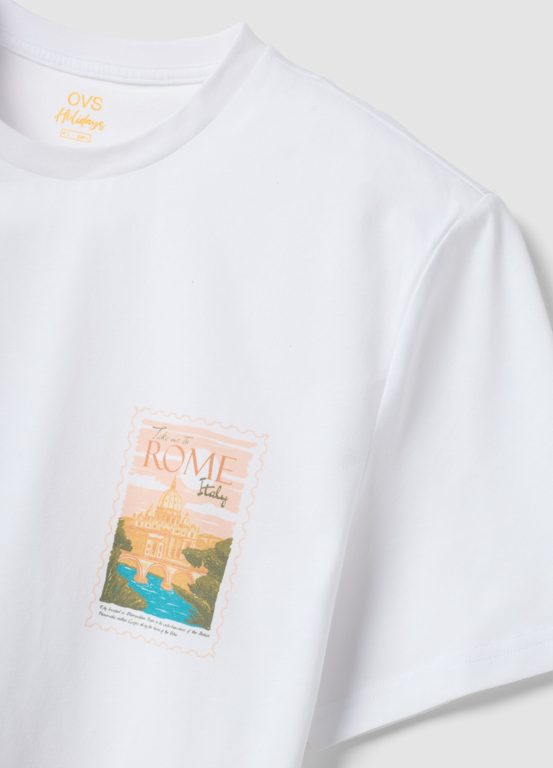White pure cotton T-shirt with applied print, regular fit