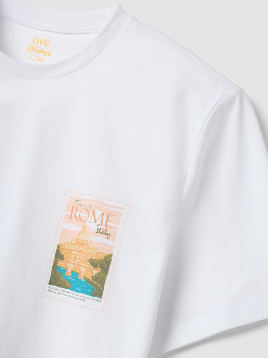 White pure cotton T-shirt with applied print, regular fit_5