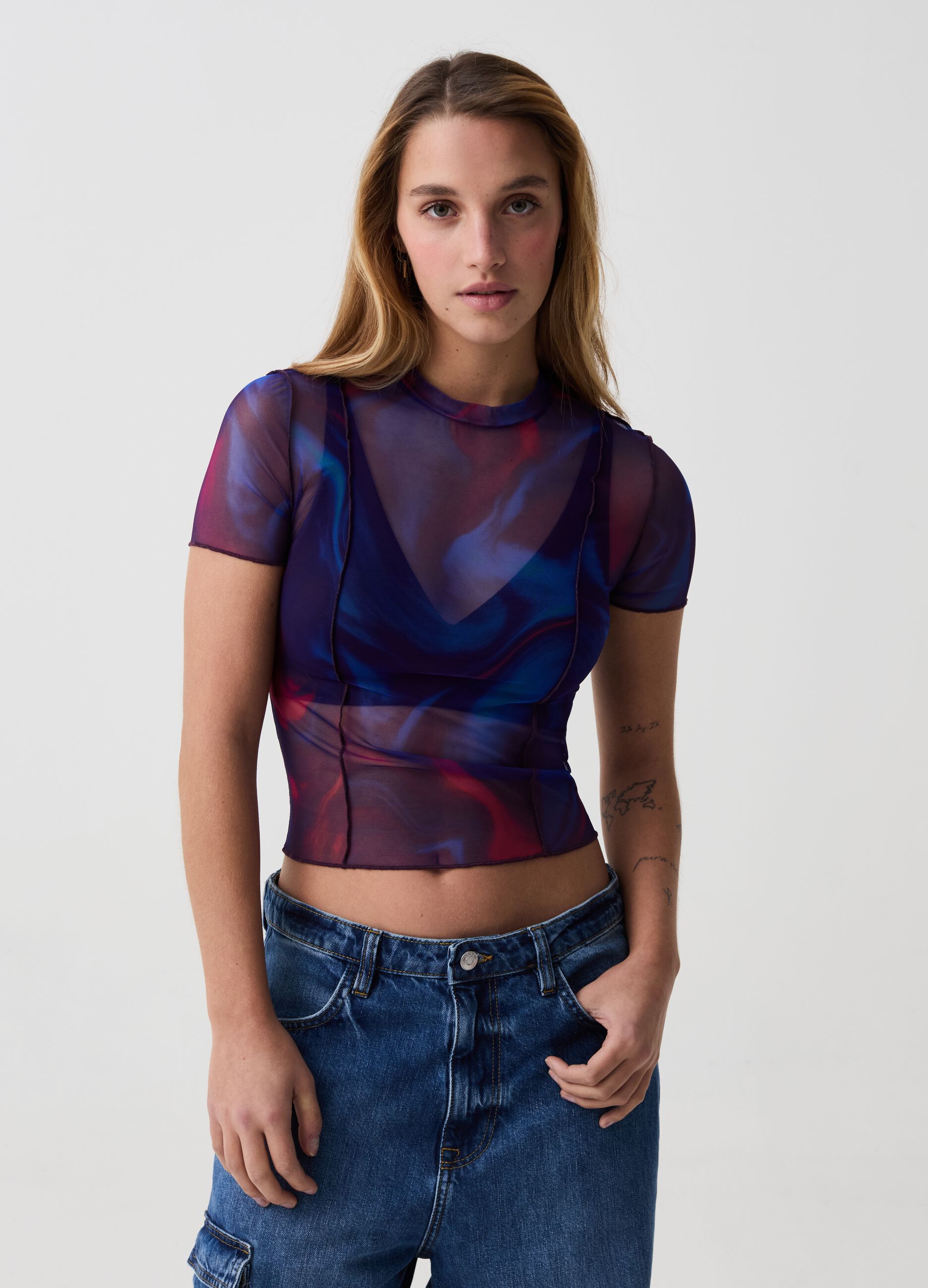B.ANGEL FOR THE SEA BEYOND cropped mesh T-shirt with multicoloured print