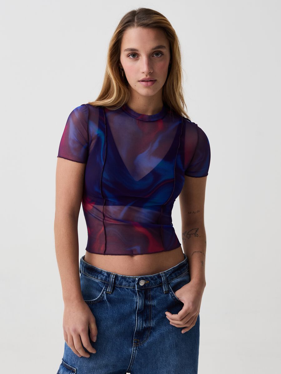 T-shirt cropped in mesh stampa multicolor B.ANGEL X MARE FUORI_0