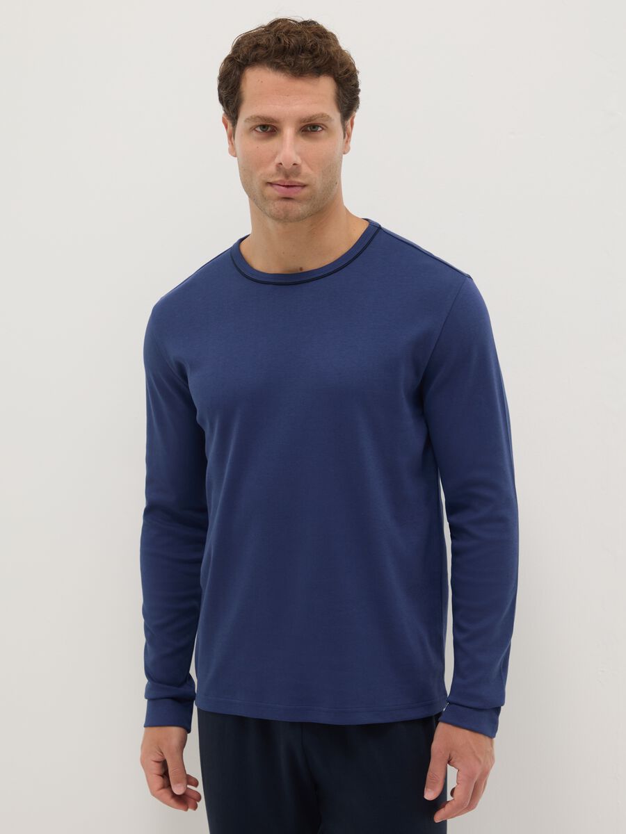 Blue crew-neck pyjama with long sleeves in pure cotton regular fit_1
