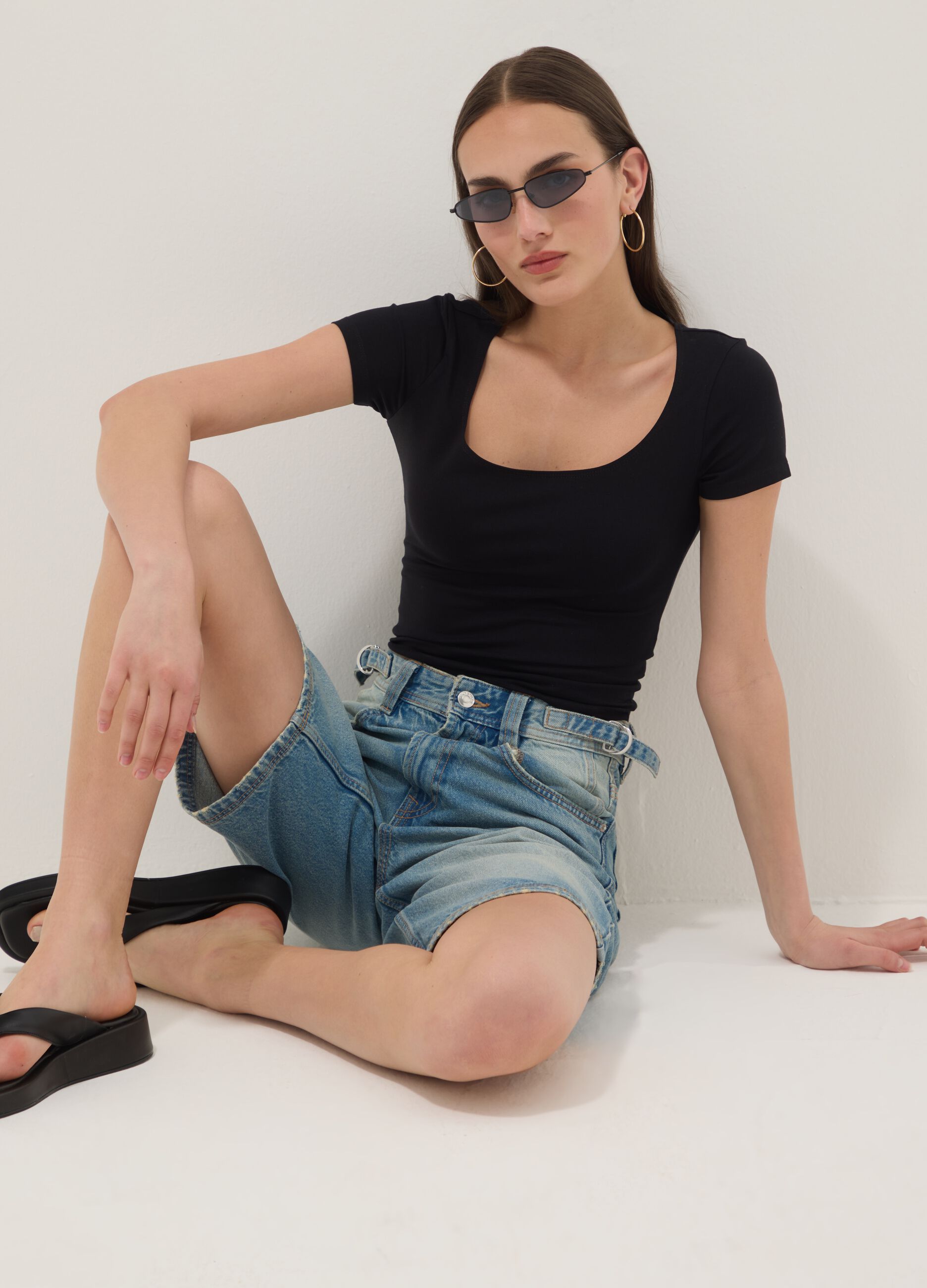 Black stretch cotton T-shirt with square neckline