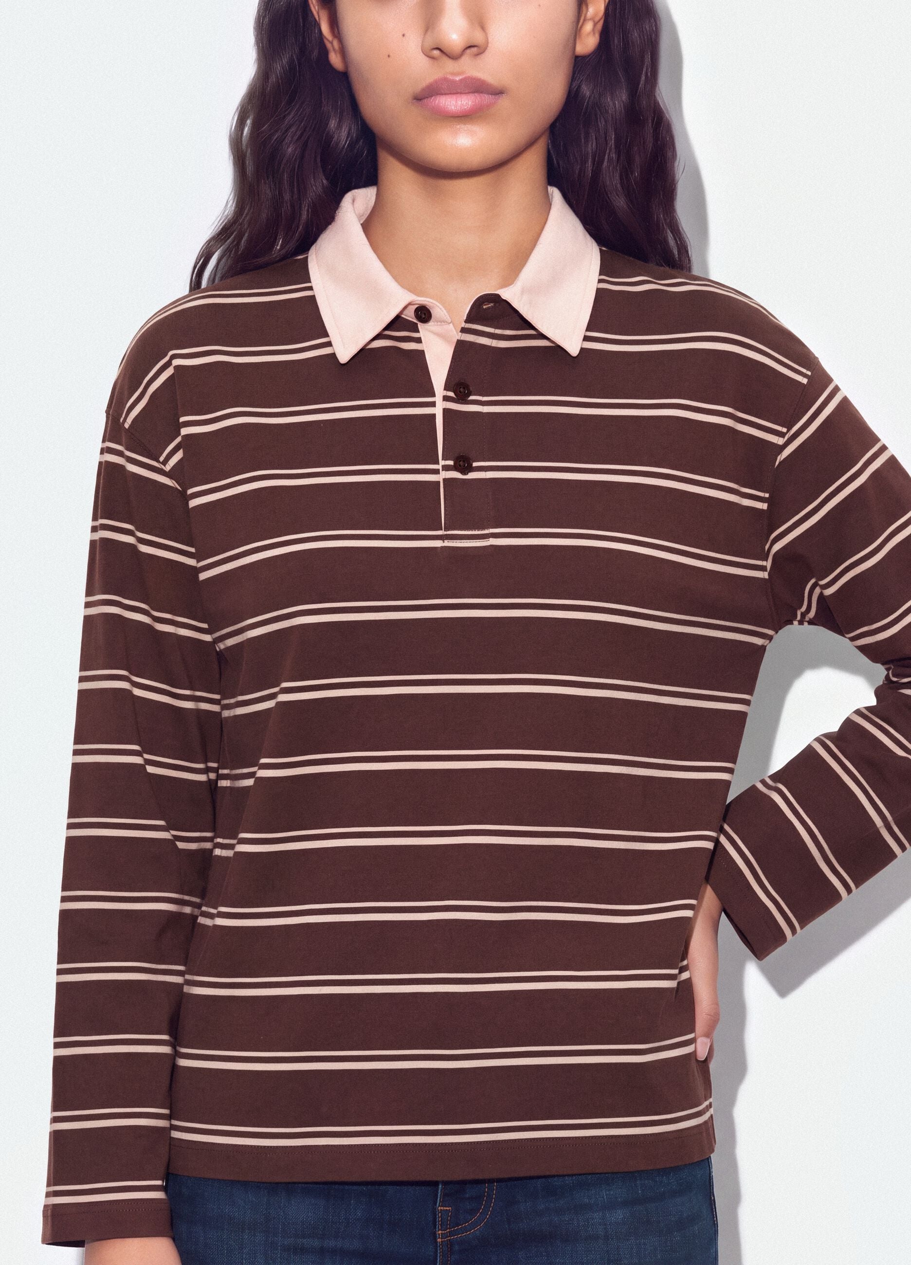 Brown pure cotton striped long-sleeve polo shirt, regular fit