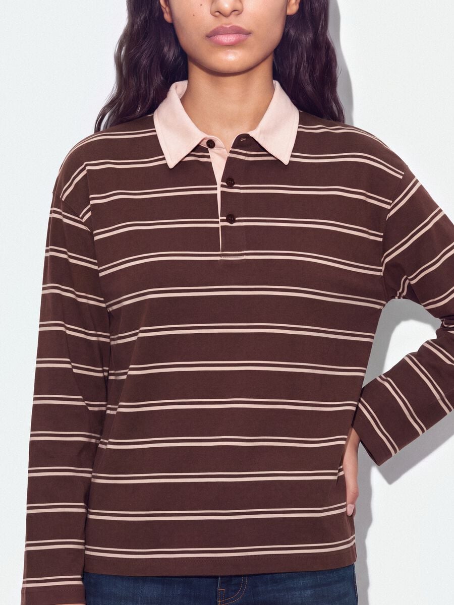 Polo marrone in puro cotone a righe maniche lunghe regular fit_3