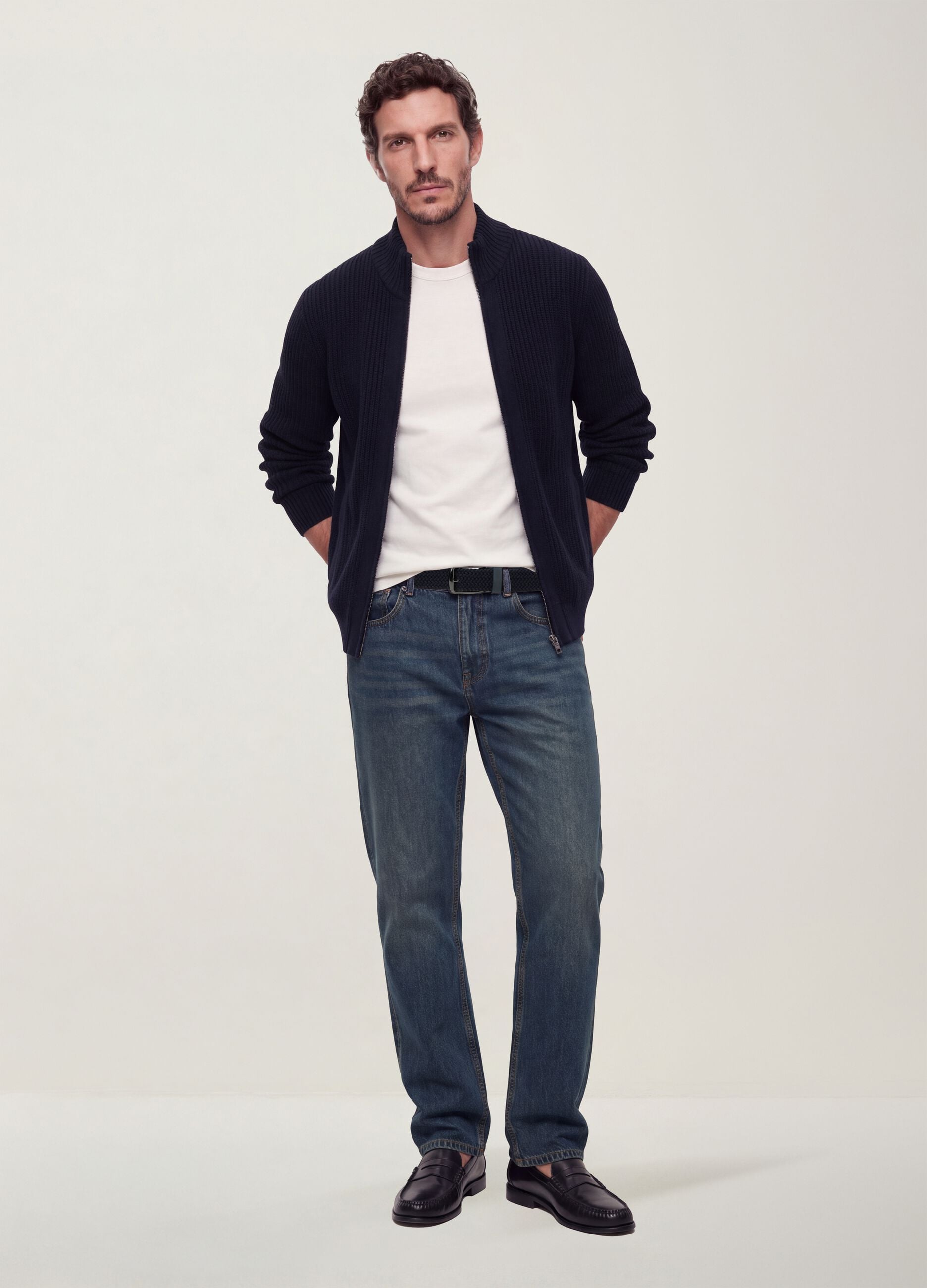 Navy rib-knit zip cardigan with collar, regular fit