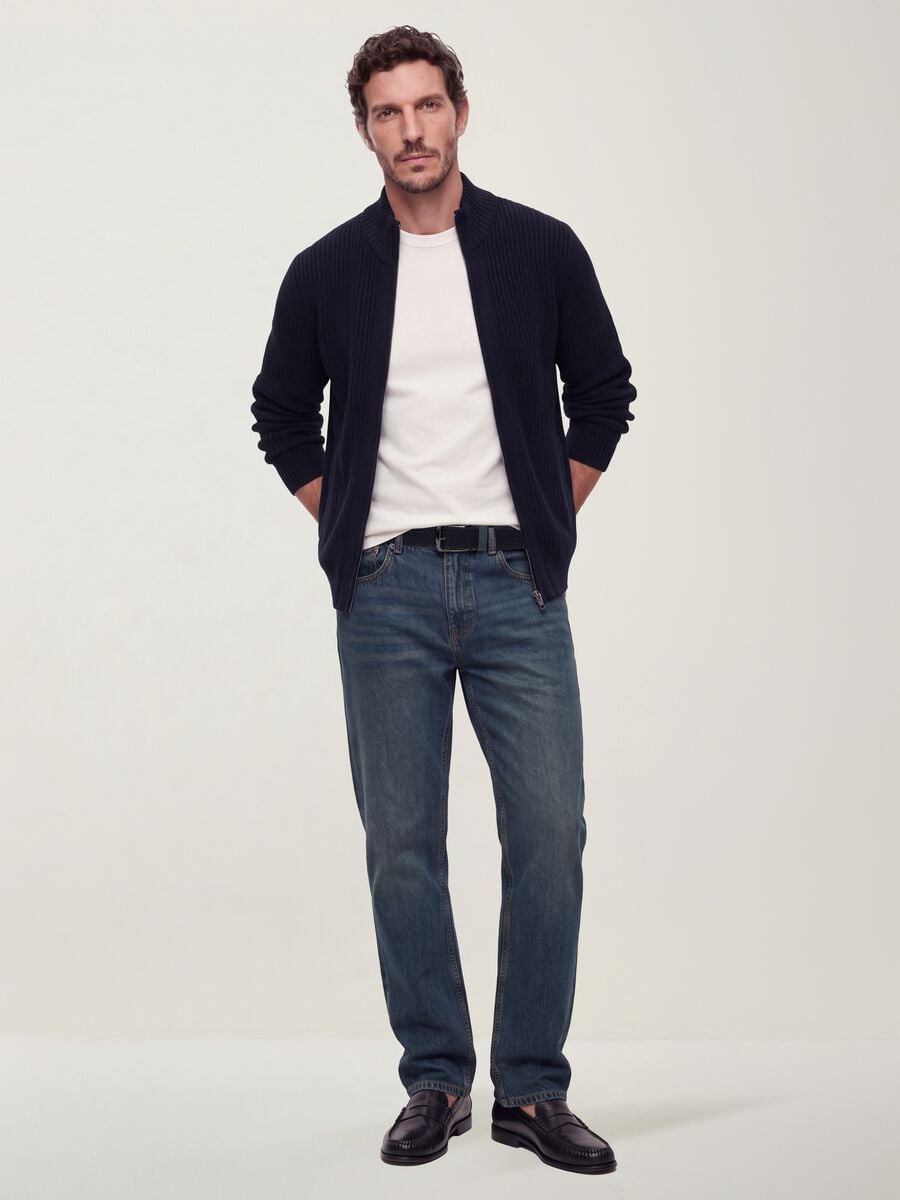 Navy rib-knit zip cardigan with collar, regular fit_1