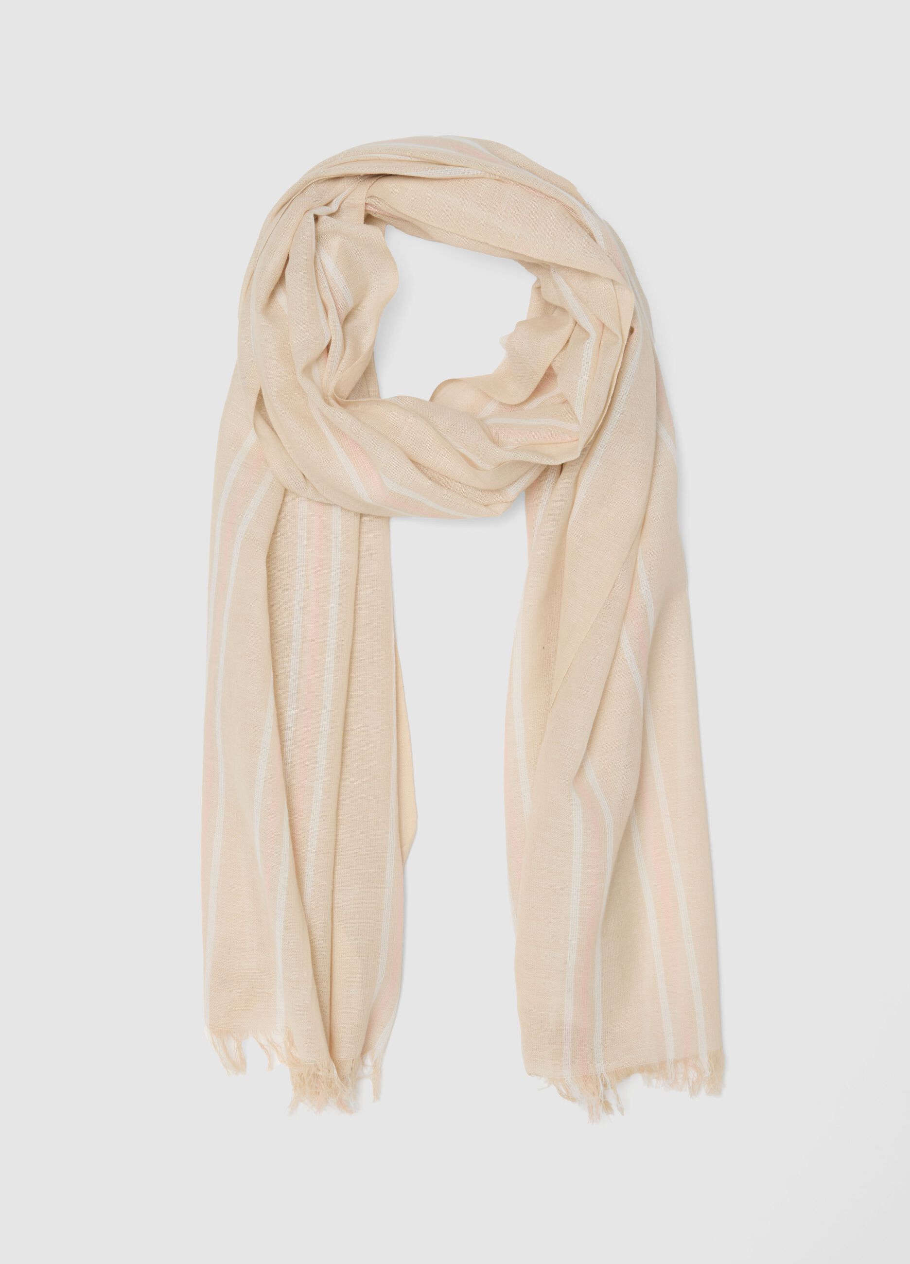 Beige pure cotton scarf with multicolour stripes