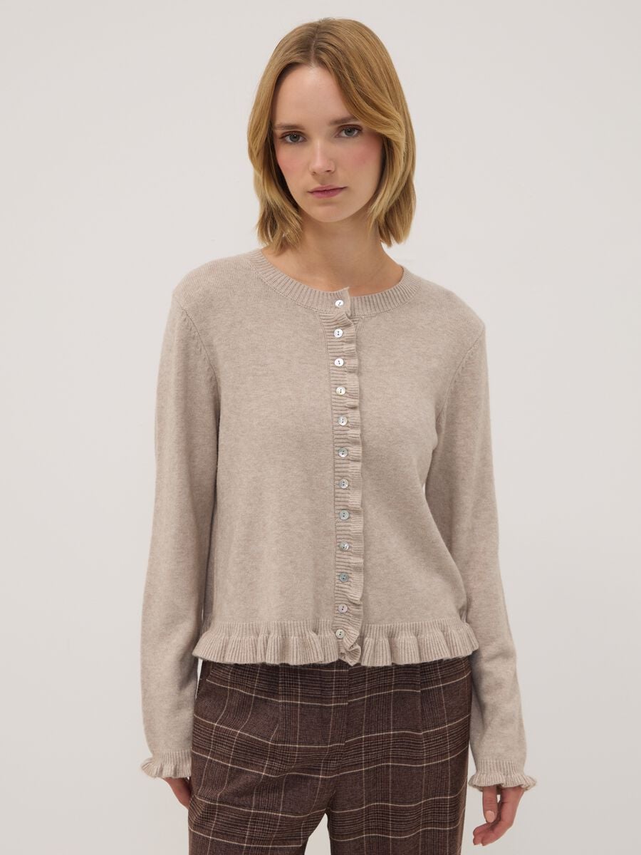 Beige viscose-blend cardigan with ruffles, regular fit_0