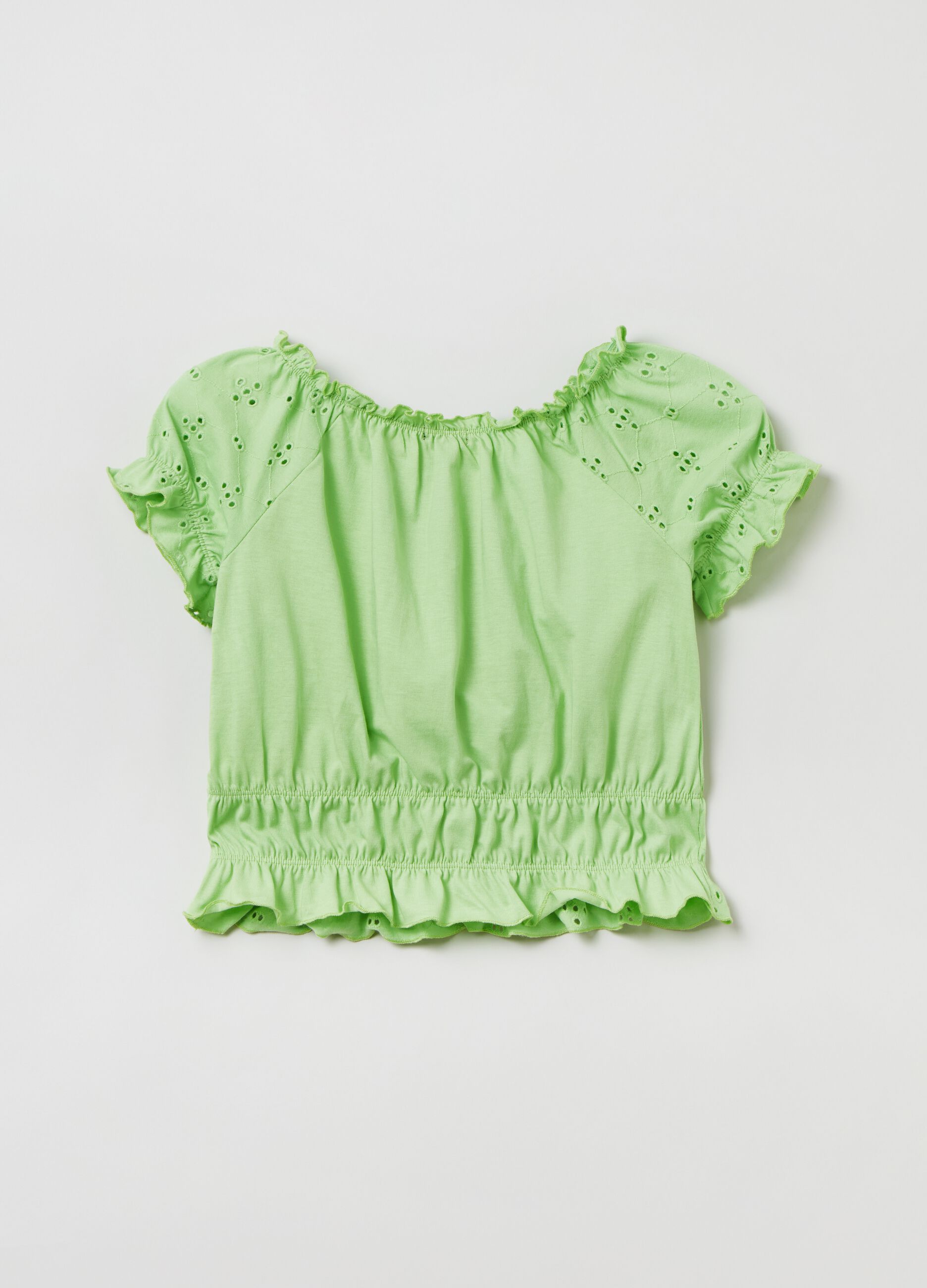 Cotton T-shirt with broderie anglaise frills