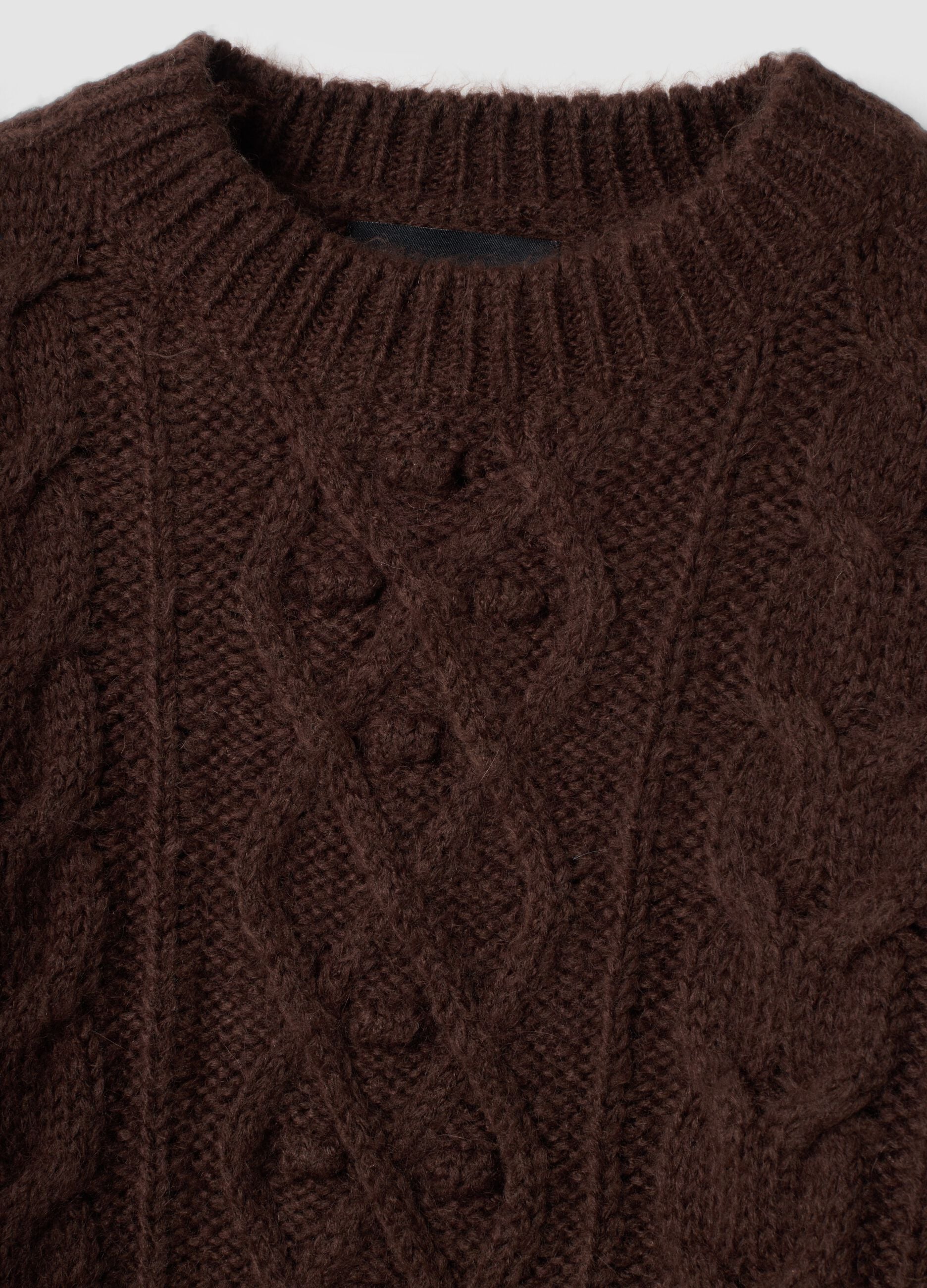 Brown crew-neck cable-knit wool-blend jumper, regular fit
