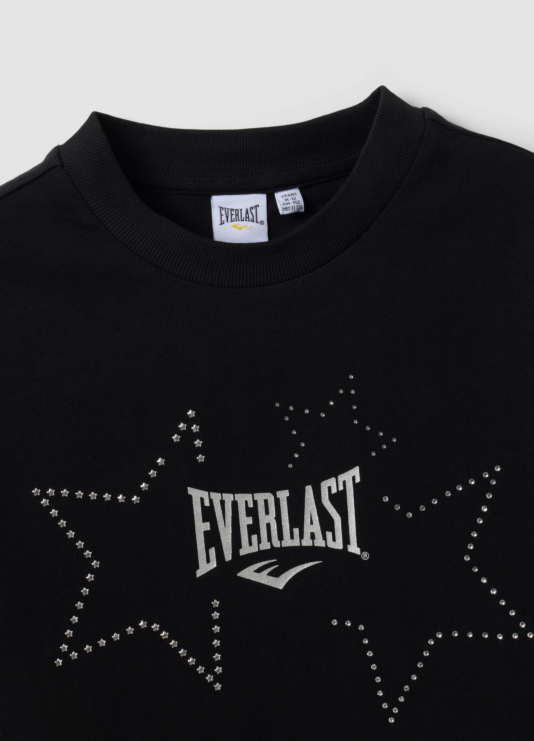 T-shirt nera cropped in puro cotone con stelle applicate per ragazza