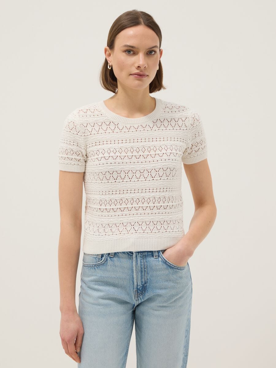 Maglia in puro cotone bianca regular fit con lavorazione a maglia_0