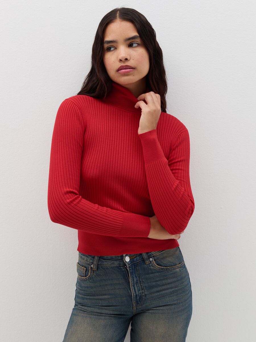 Pullover with ribbed design and high neck_0