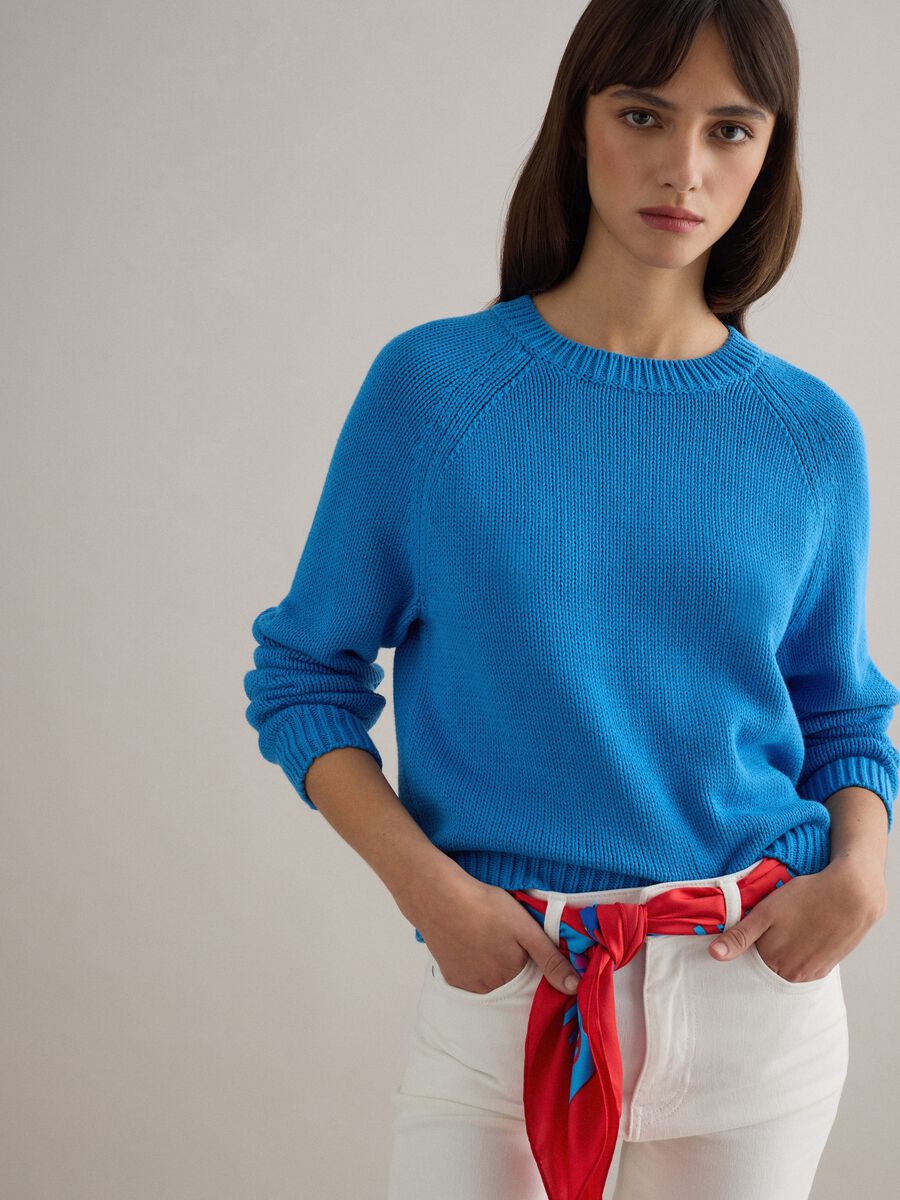 Blue crew neck jumper in pure cotton regular fit_0