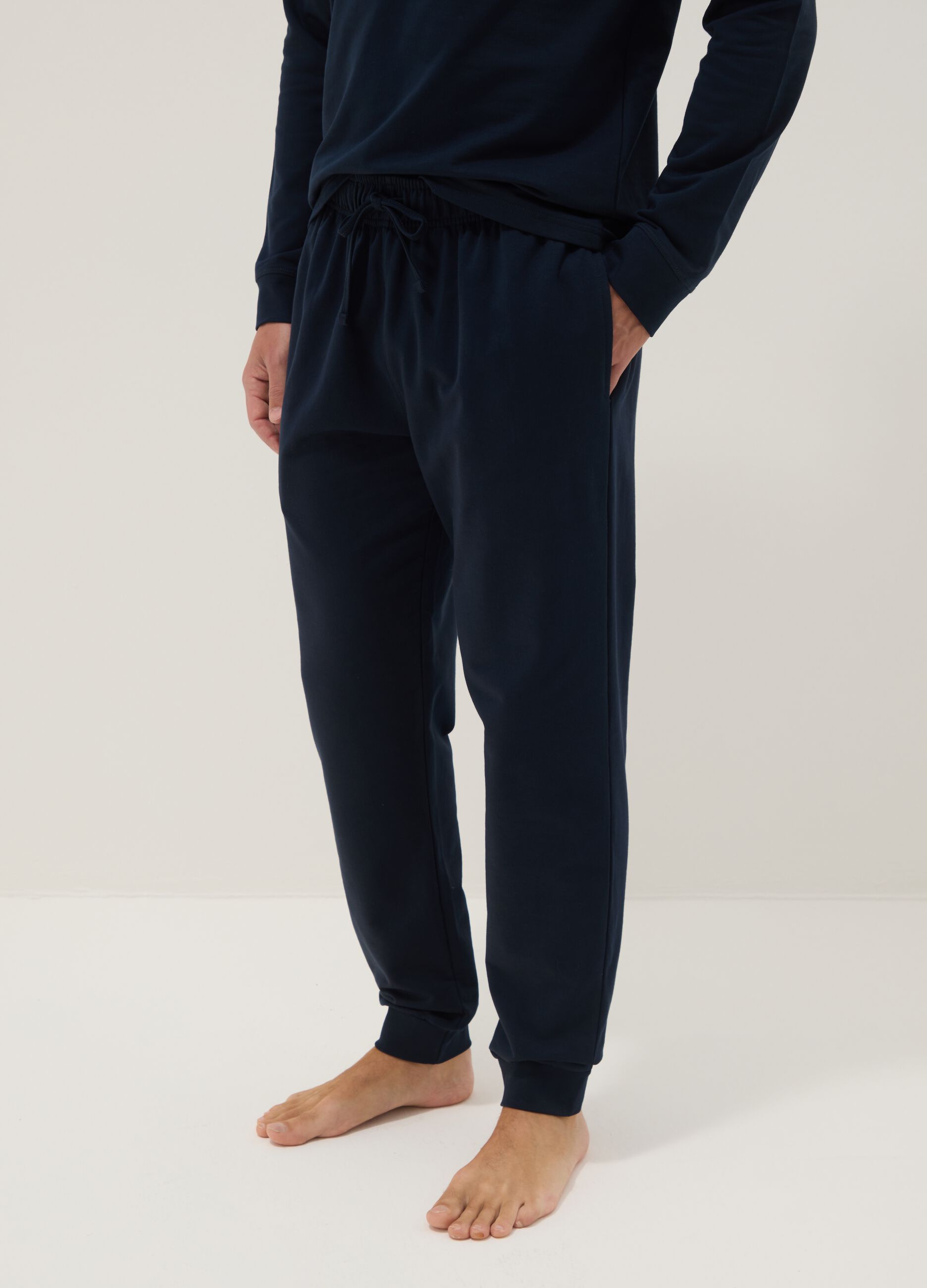 Blue long pyjama in pure cotton, regular fit with Henley collar