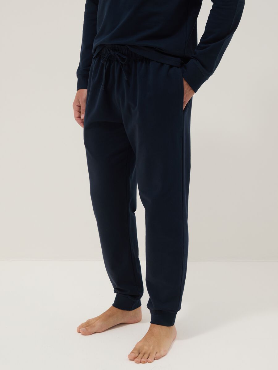 Blue long pyjama in pure cotton, regular fit with Henley collar_3