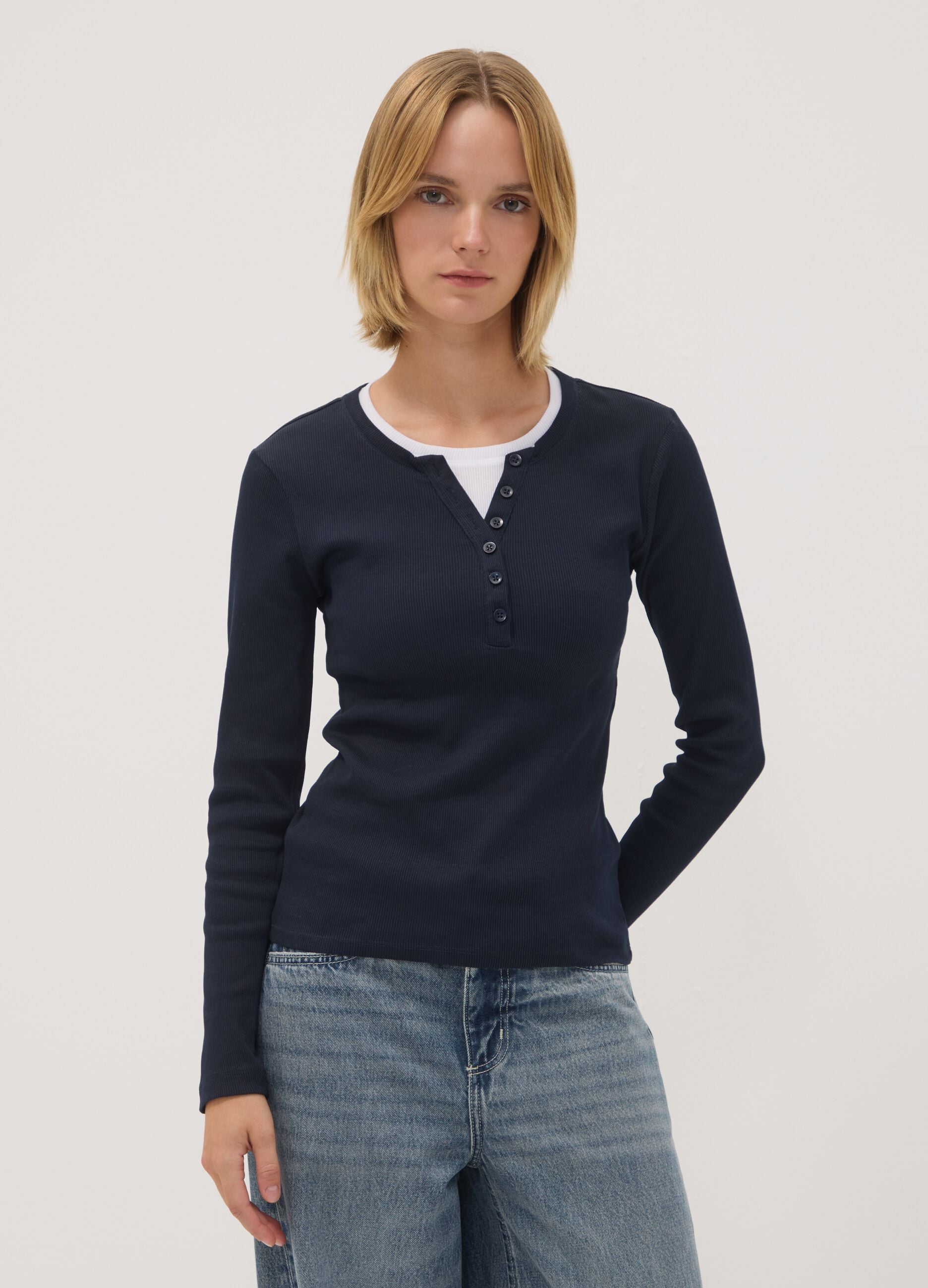 Blue long-sleeved pure cotton crew-neck T-shirt