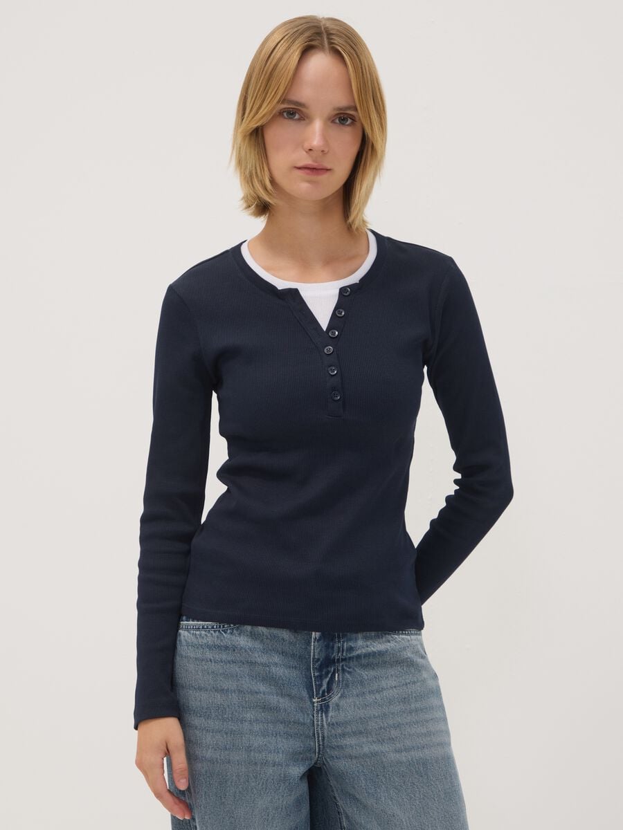 Blue long-sleeved pure cotton crew-neck T-shirt_0