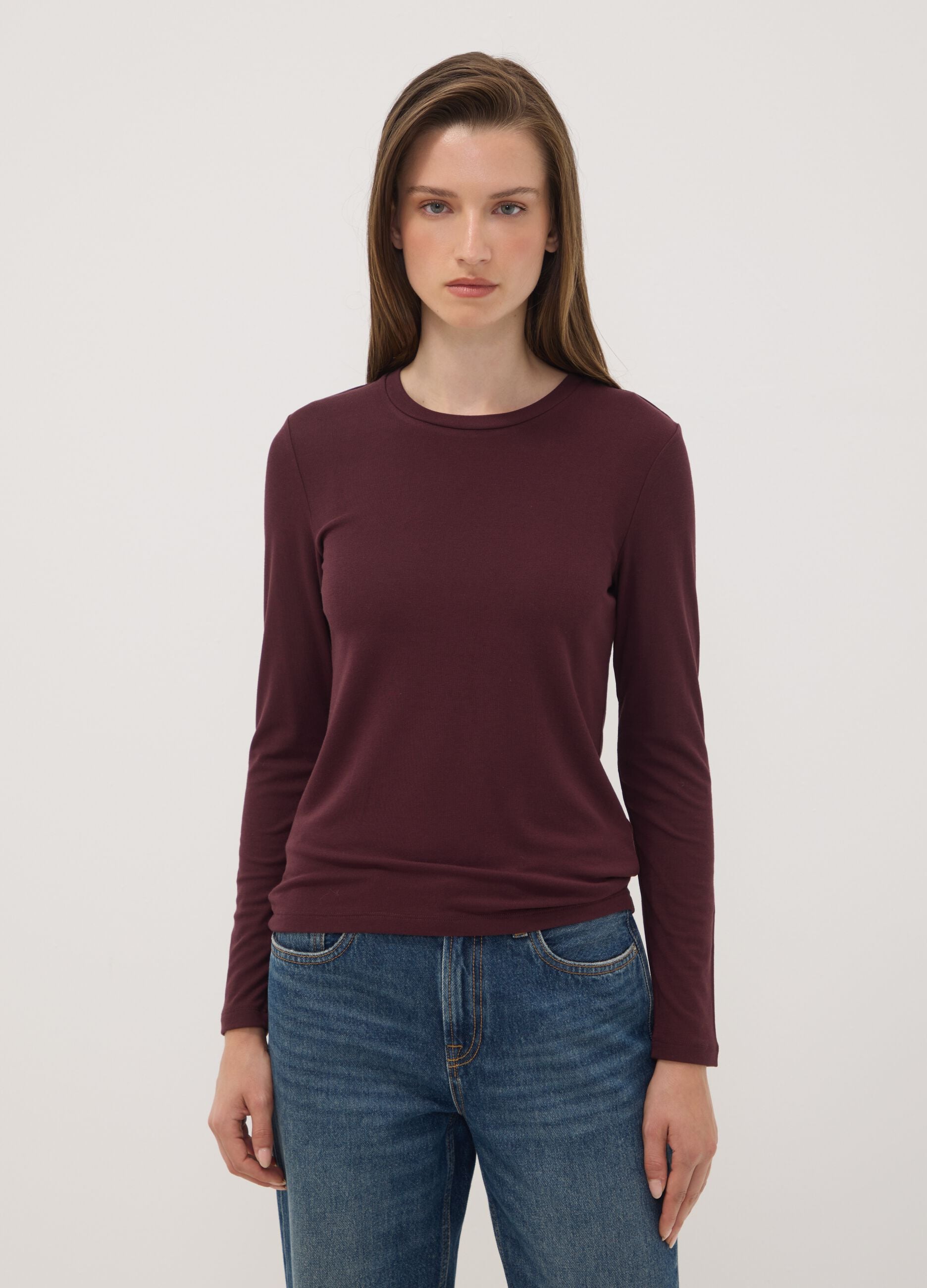 T-shirt viola girocollo in viscosa e lana elasticizzata regular fit