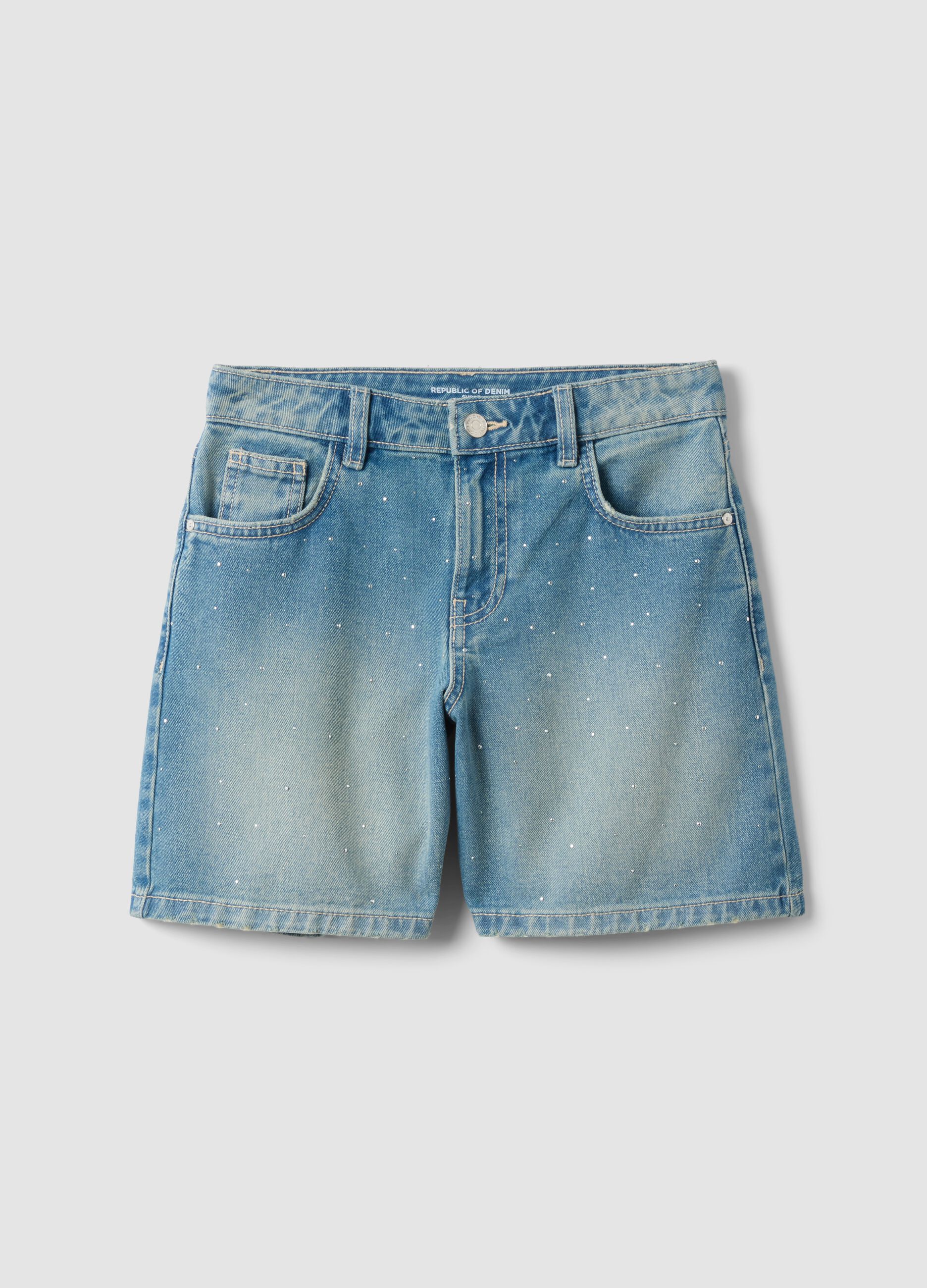 Blue pure-cotton denim shorts for girls, regular fit with polka-dot detail