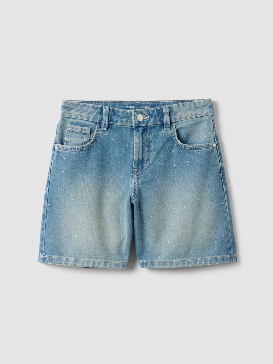 Shorts denim blu in puro cotone da ragazza regular fit con puntini_0