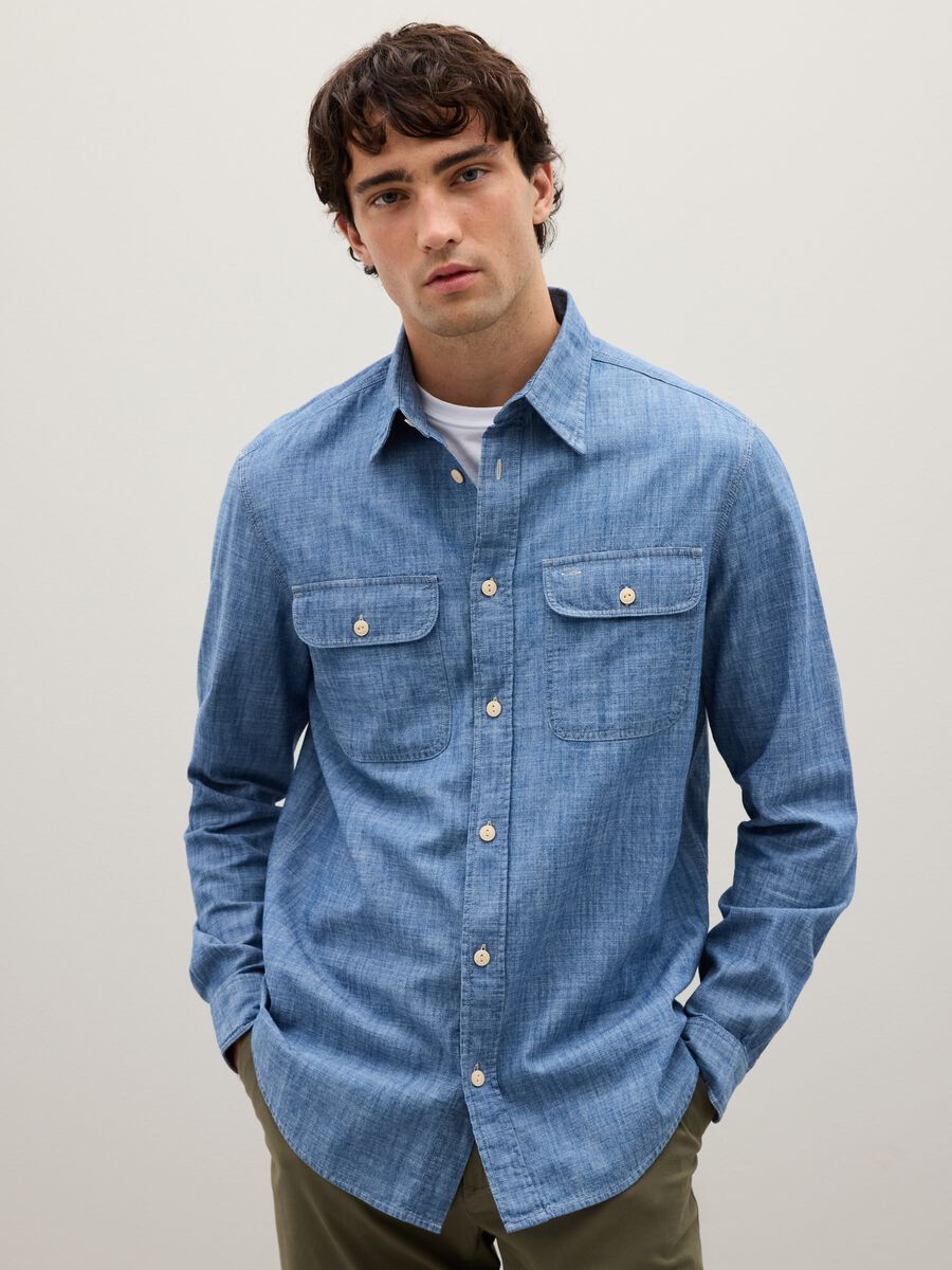 Camicia in puro cotone blu regular fit_0