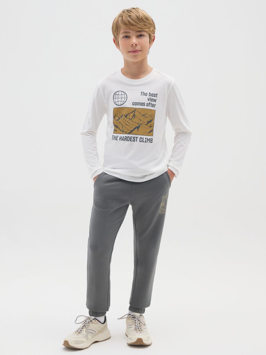 Boy's grey cotton regular fit trousers with print_0