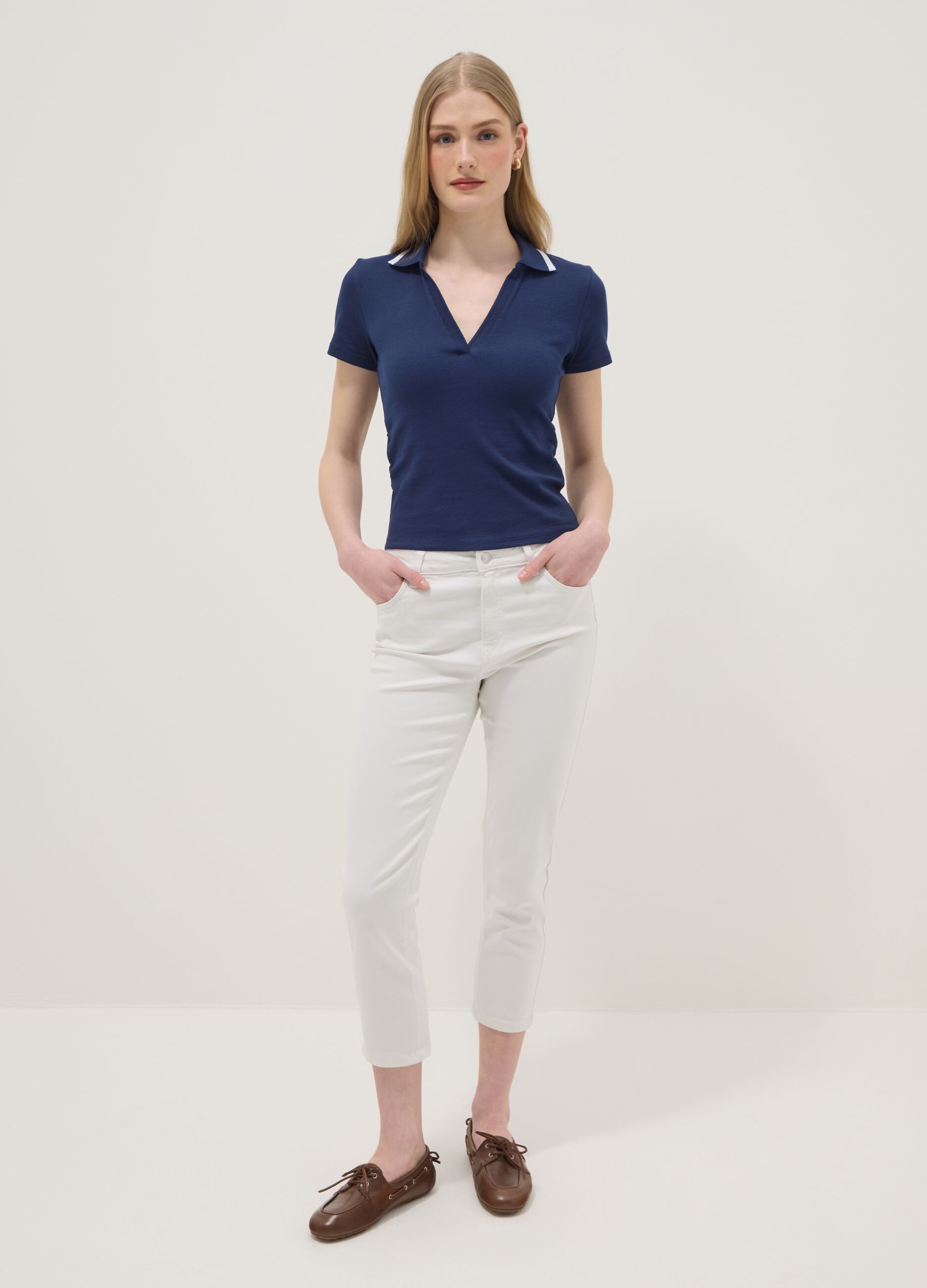 Blue stretch cotton short-sleeve polo shirt, regular fit