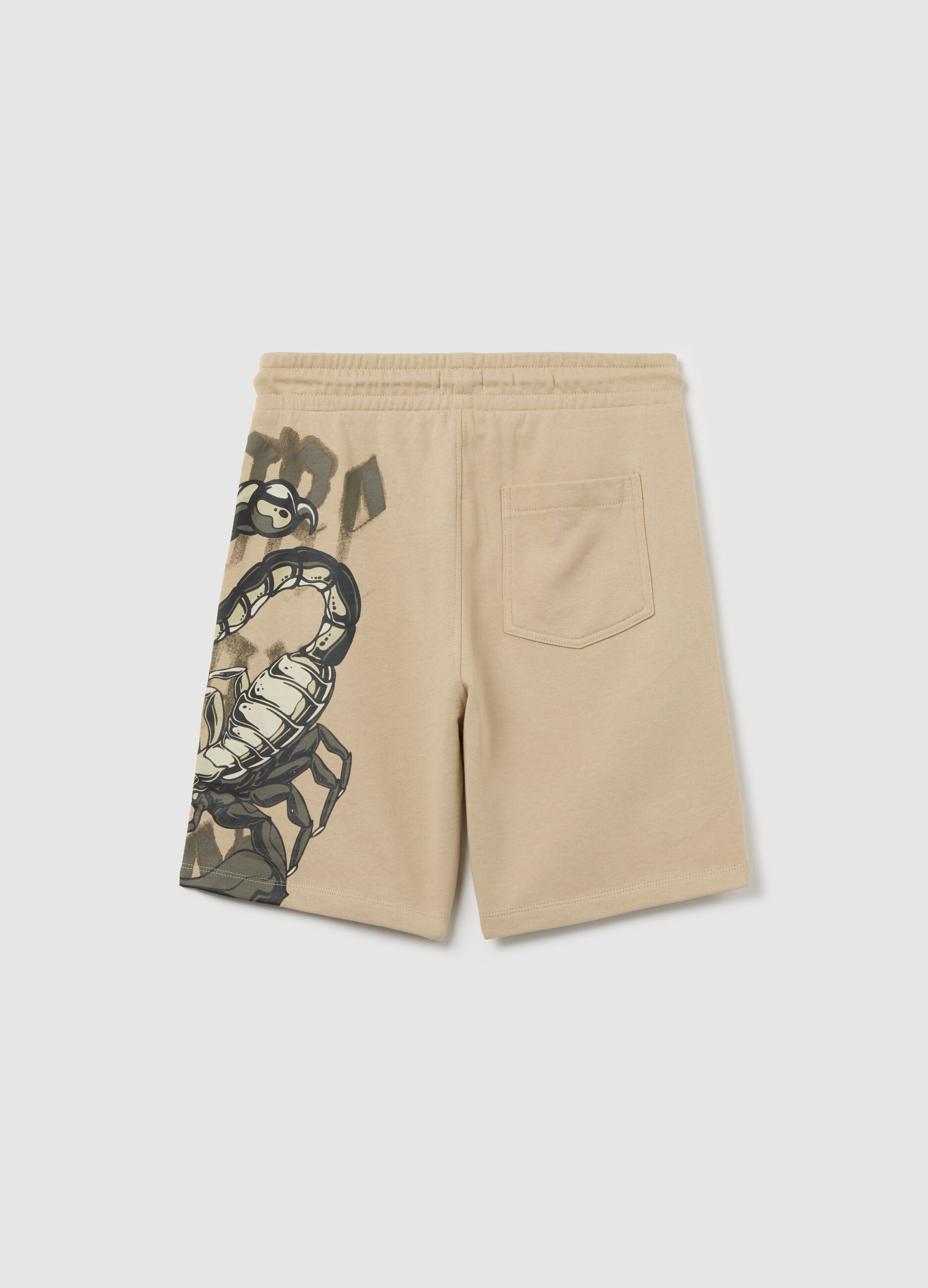 Beige cotton Bermuda shorts with drawstring and print