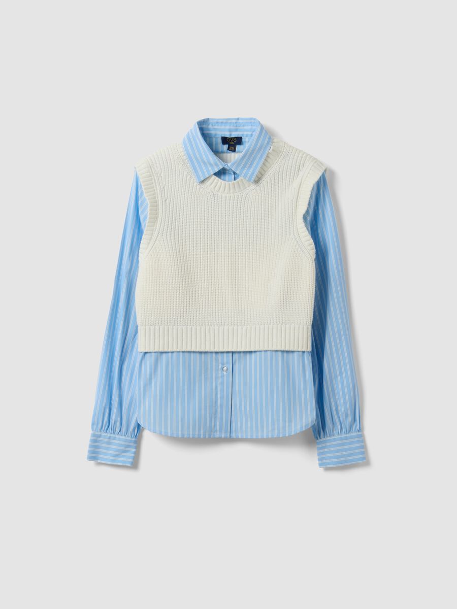 Camicia azzurra in puro cotone con gilet a maglia per ragazza_0