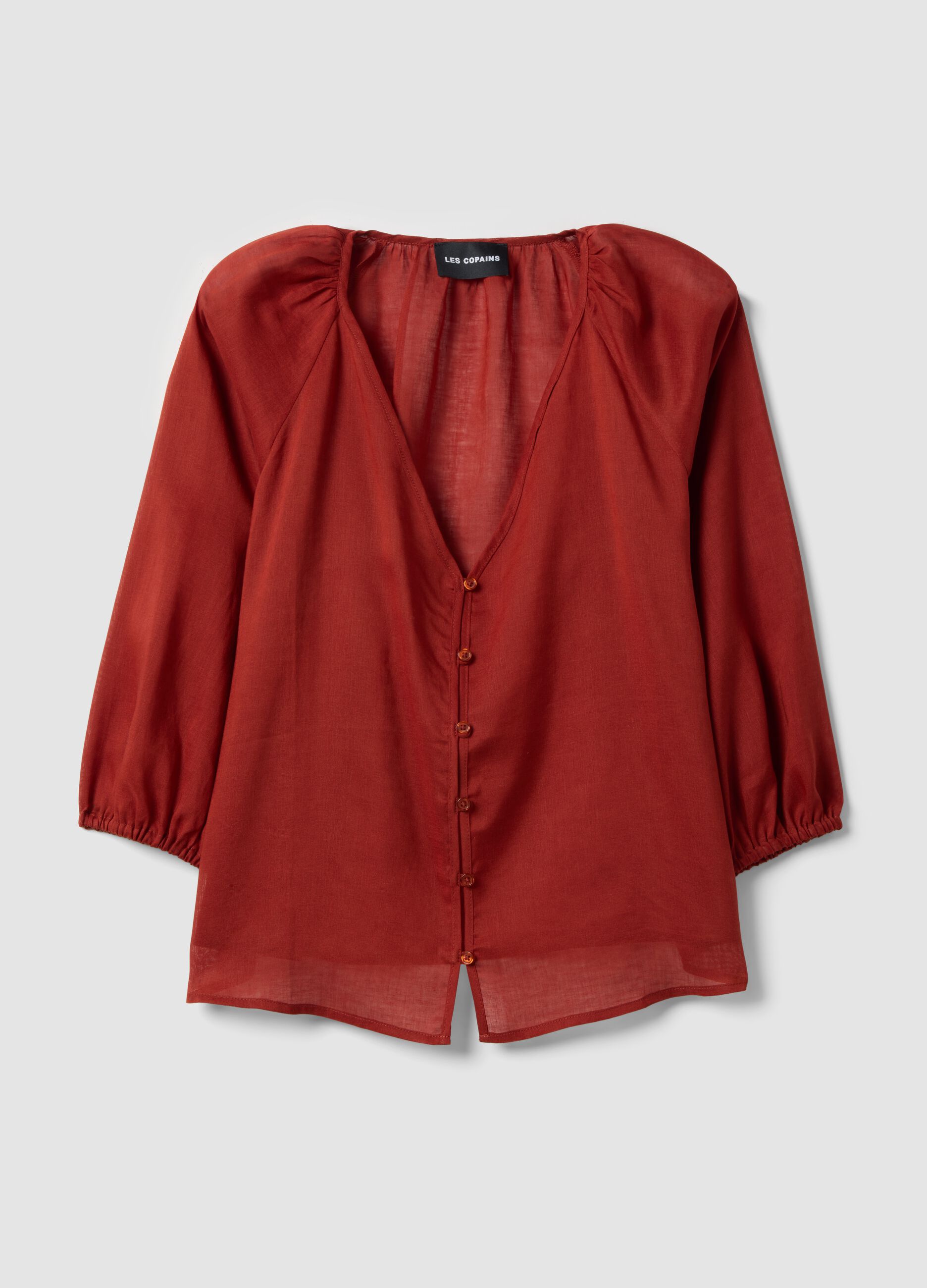 Red ramie and lyocell blend shirt with V-neck, regular fit