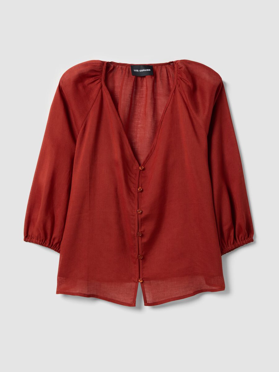 Red ramie and lyocell blend shirt with V-neck, regular fit_4