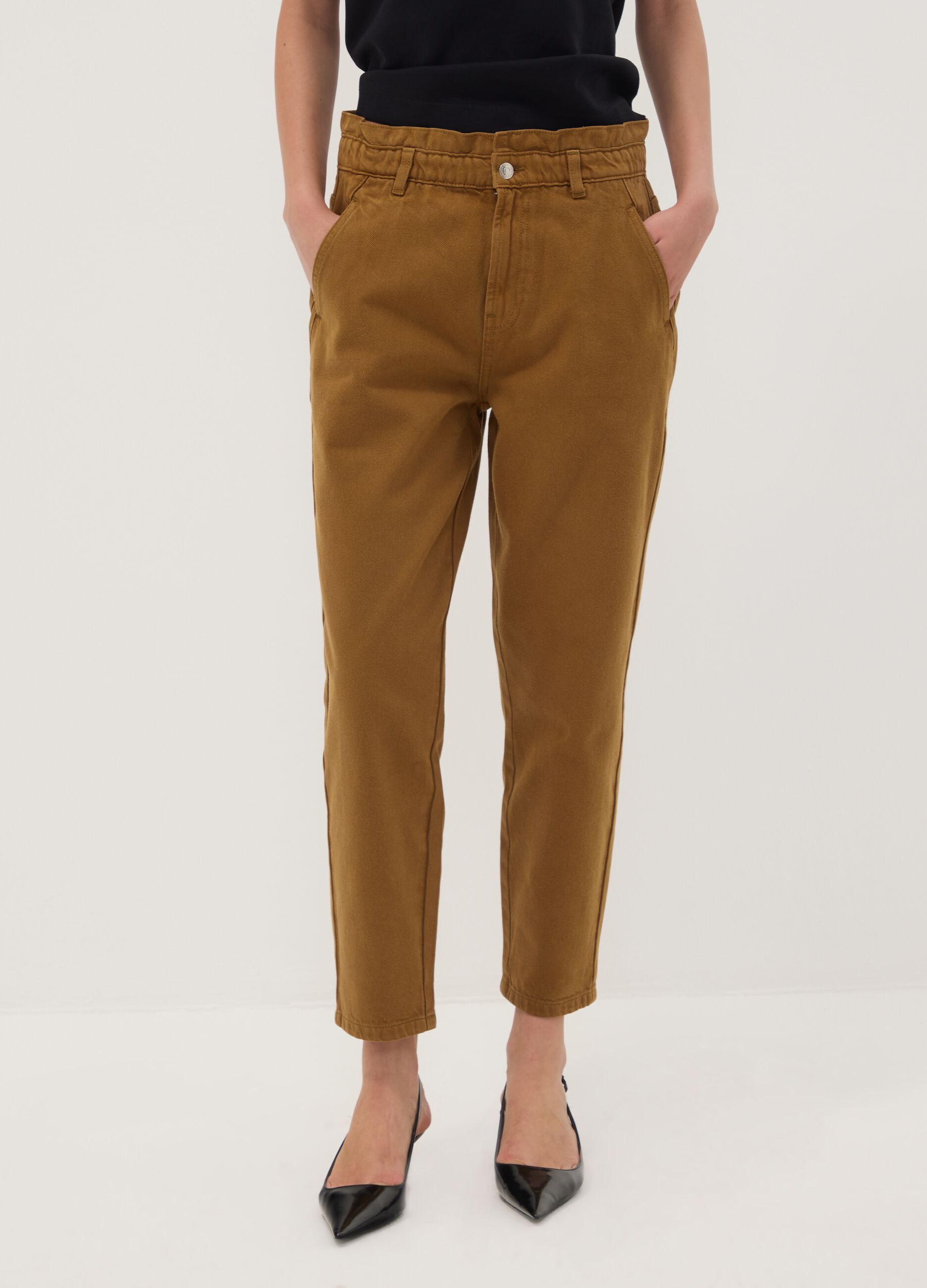 Bronze brown baggy-fit pure cotton denim jeans with paper-bag waist