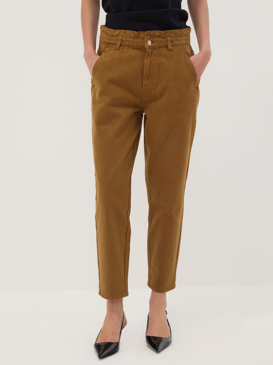 Bronze brown baggy-fit pure cotton denim jeans with paper-bag waist_2