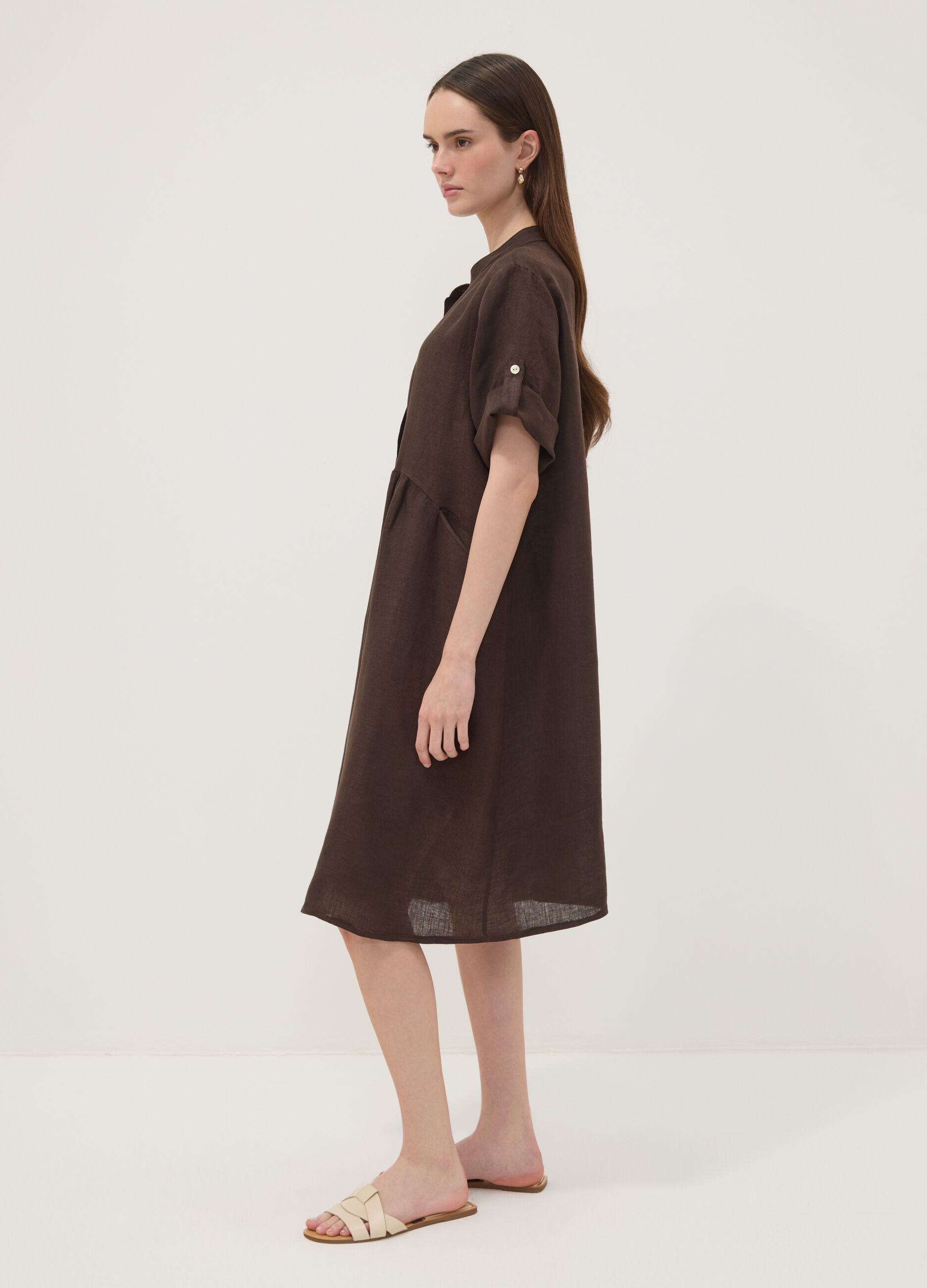 Brown pure linen dress with Mandarin collar, regular fit