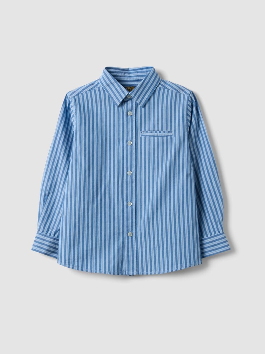 Camicia azzurra a righe in puro cotone regular fit per bambino_0