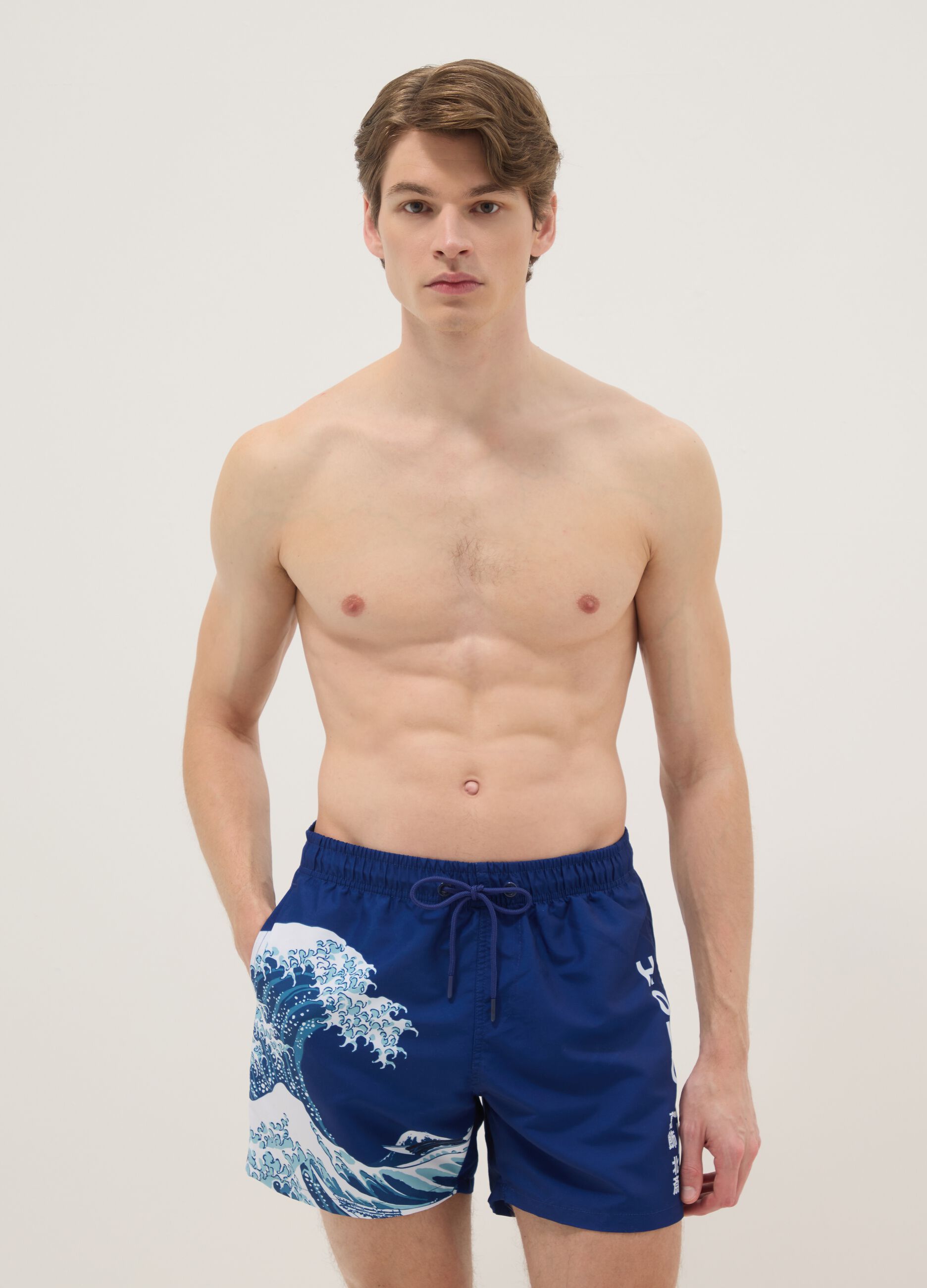 Blue beach boxers with Hokusai wave print