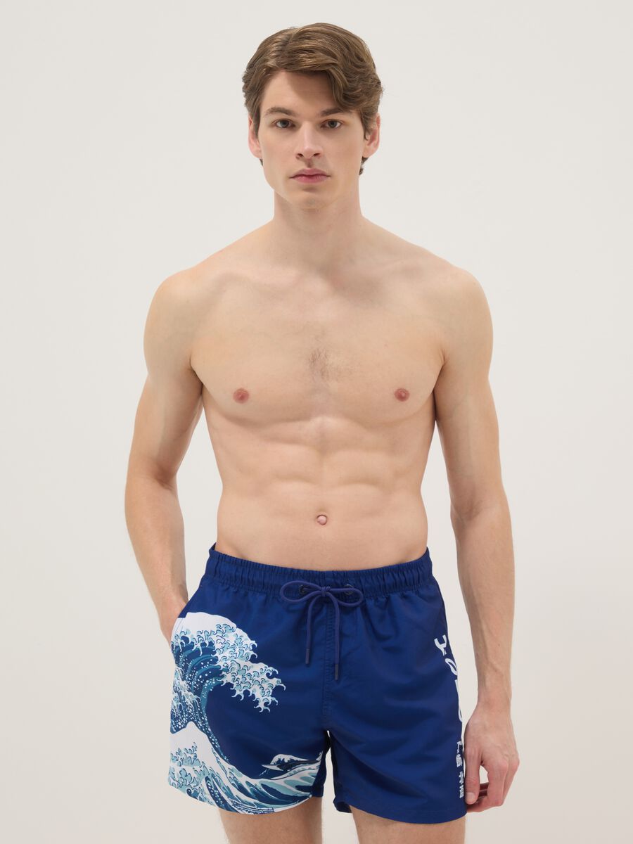 Boxer da mare blu con stampa onda Hokusai_0