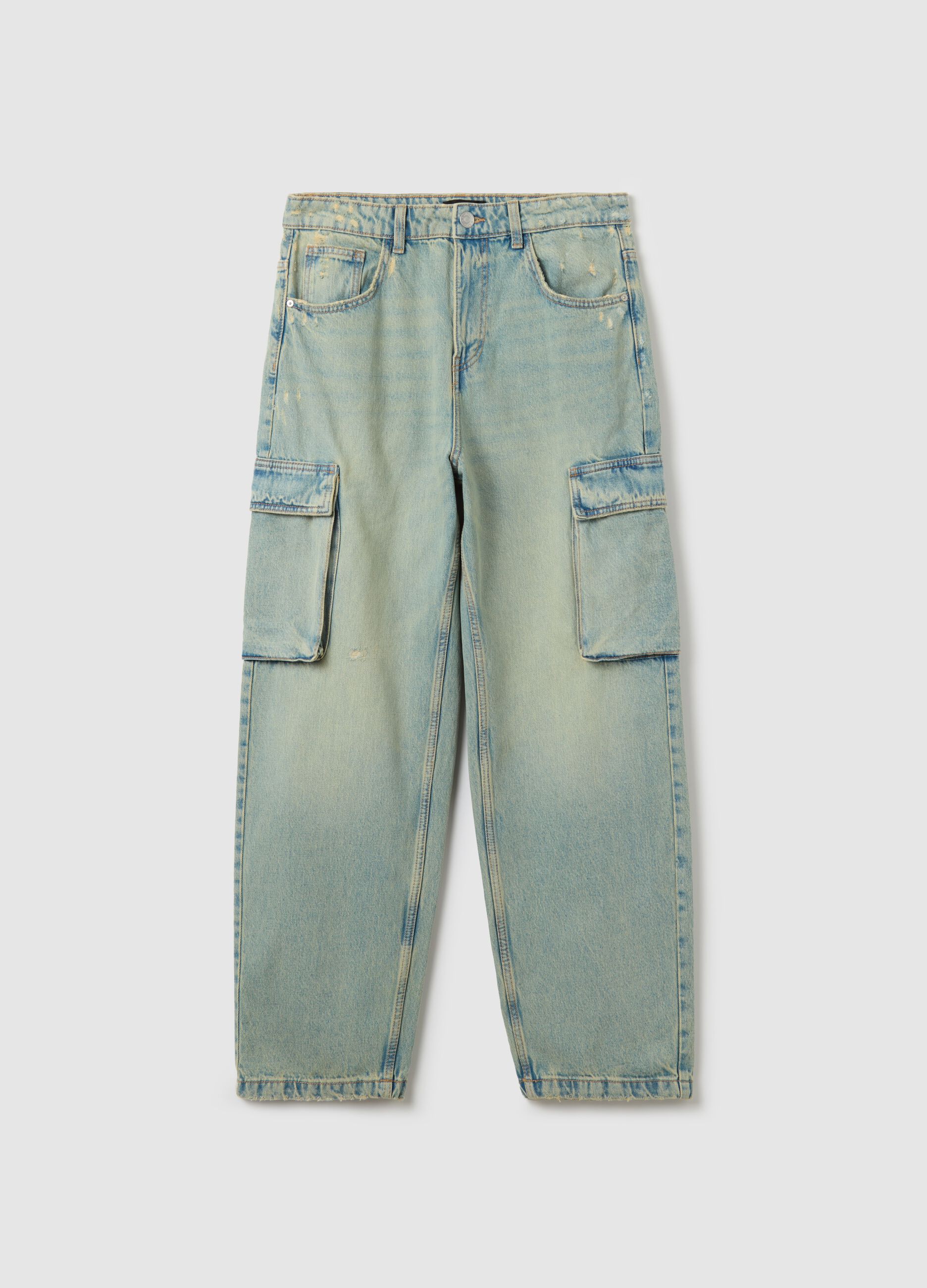 Jeans cargo acid wash con scoloriture
