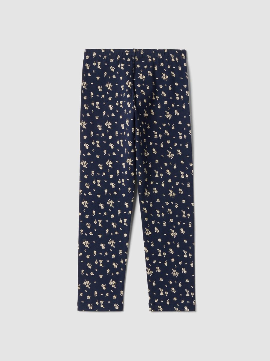 Leggings blu in cotone organico elasticizzato a fiori_1