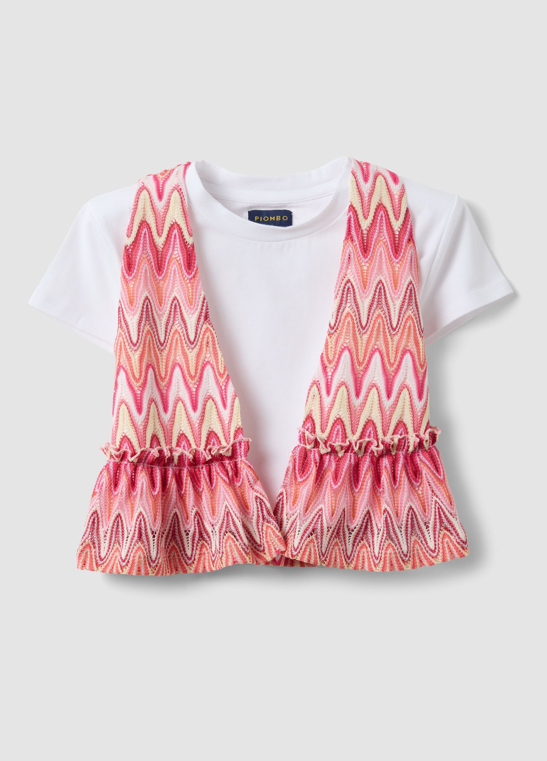 White stretch cotton T-shirt with patterned insert