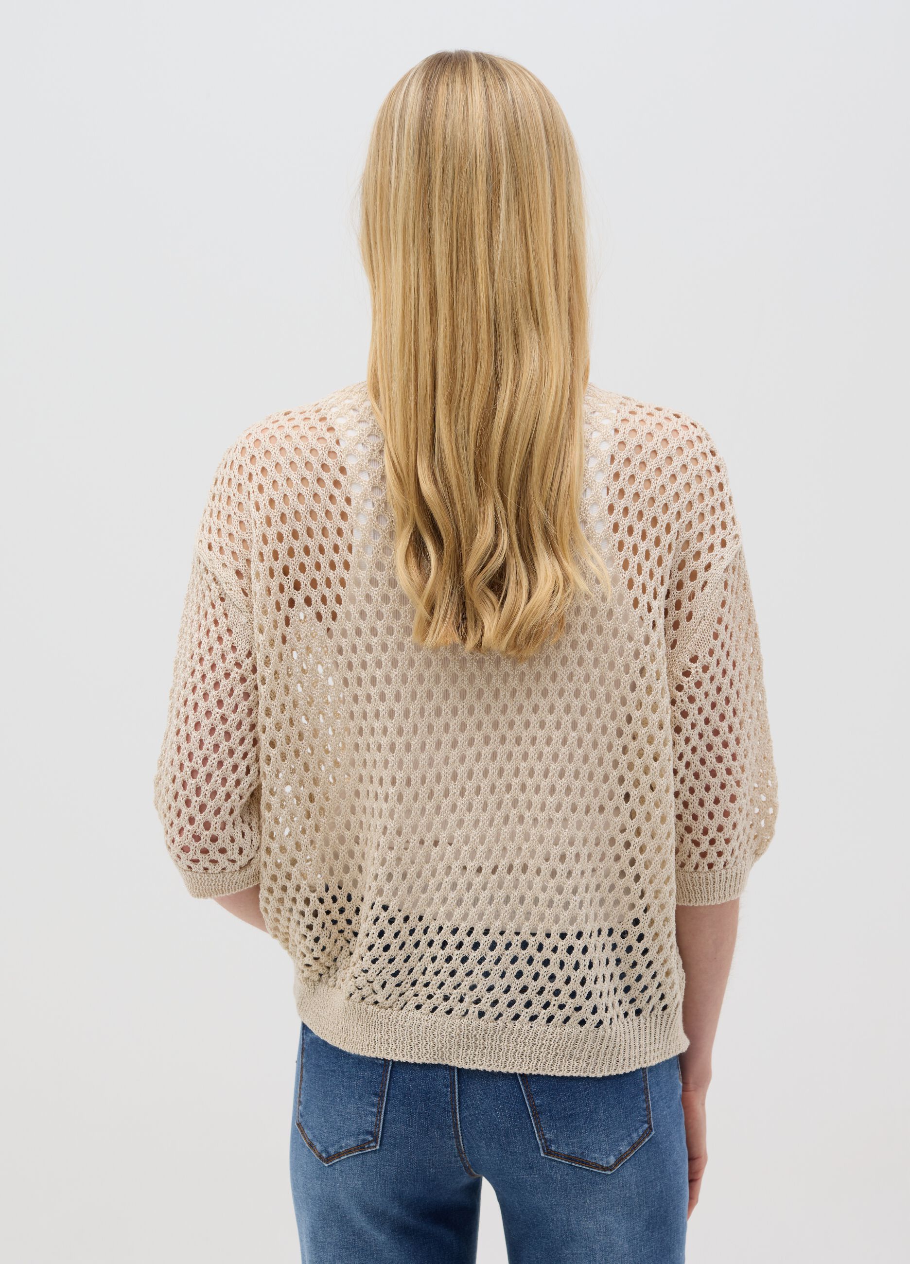 Beige Perforated Hybrid Long Sleeve Top