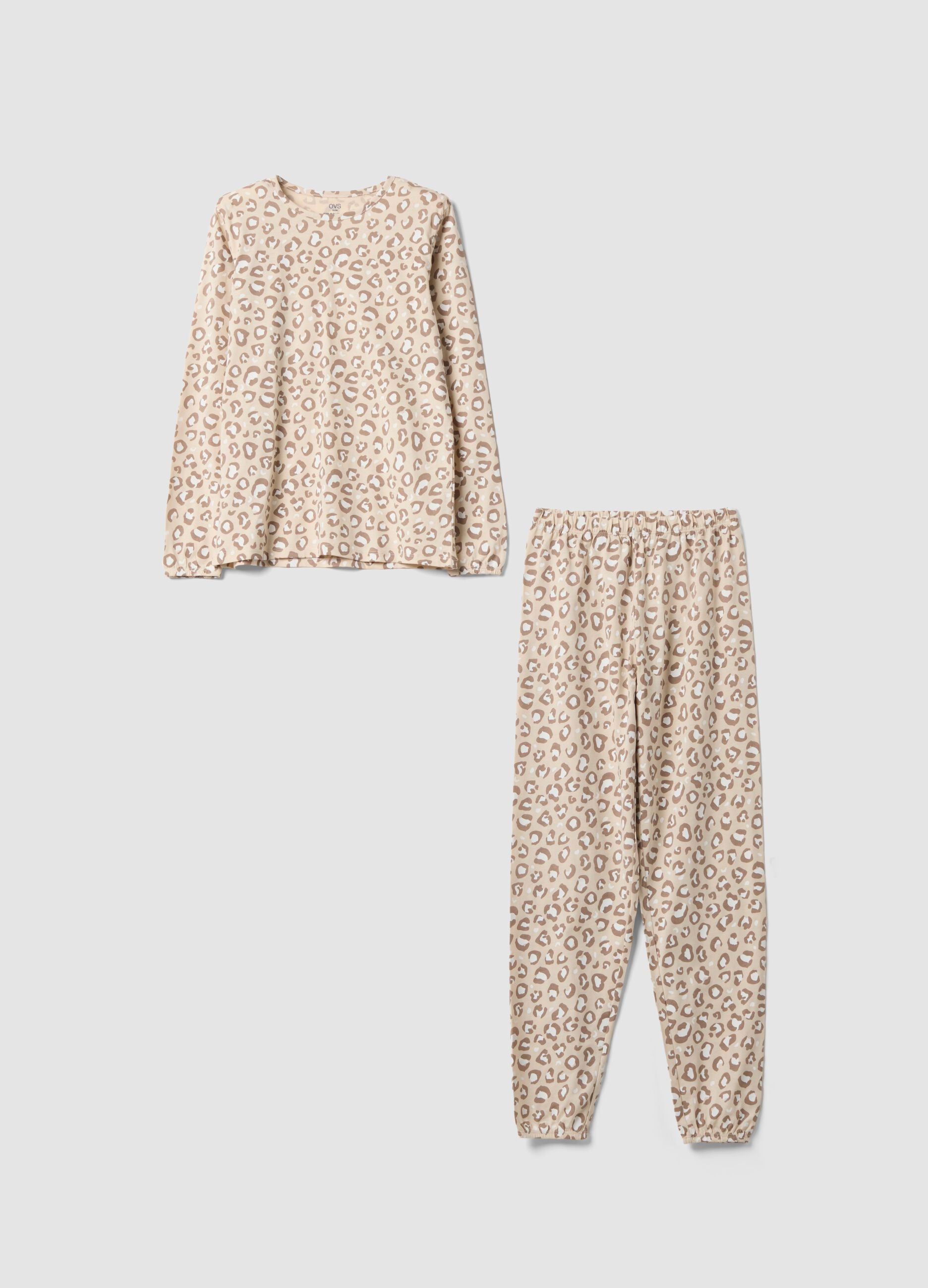 Pigiama beige in cotone organico con stampa animalier per bambina e ragazza