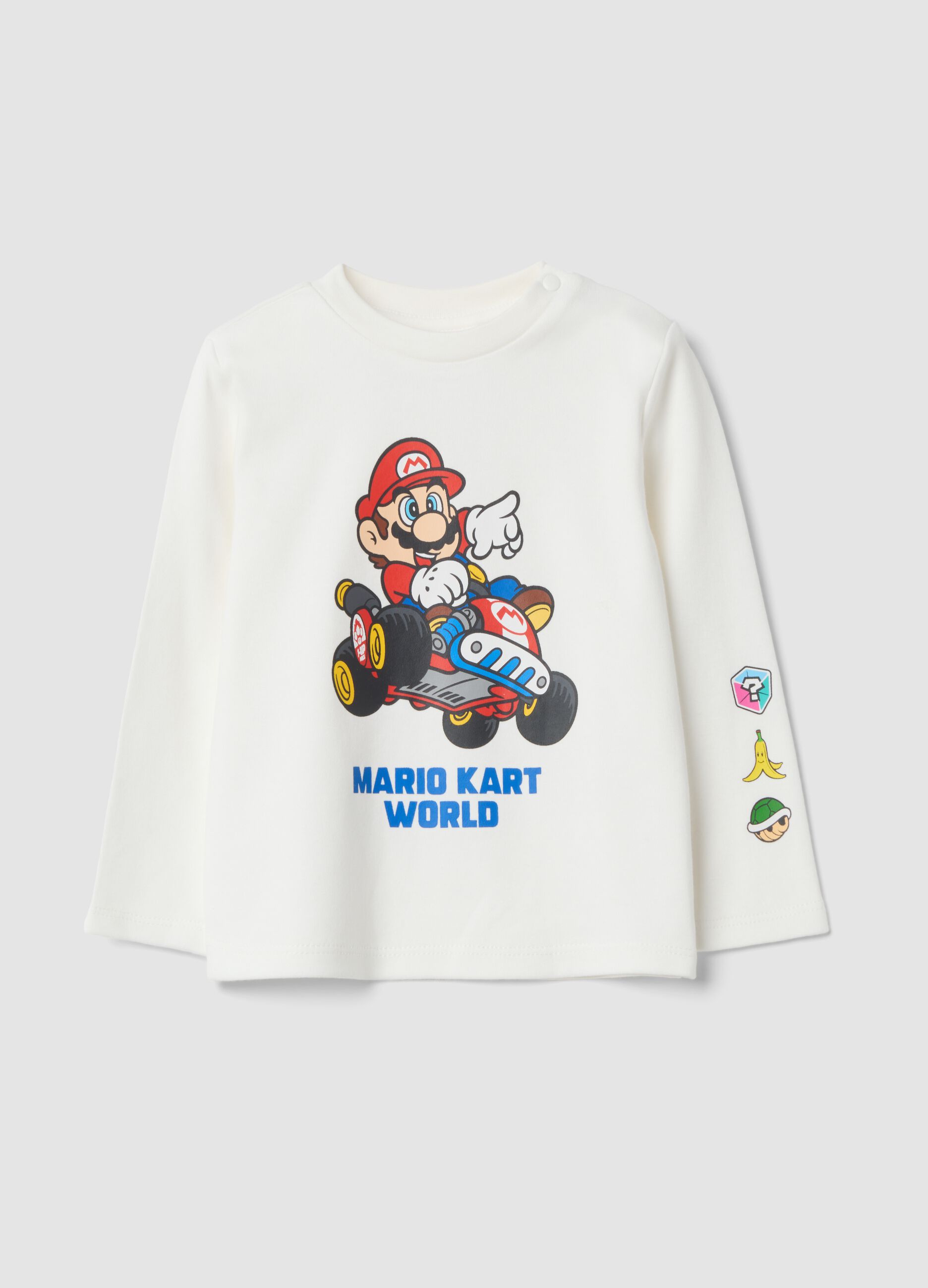 White pure cotton Mario Kart crew-neck T-shirt, regular fit