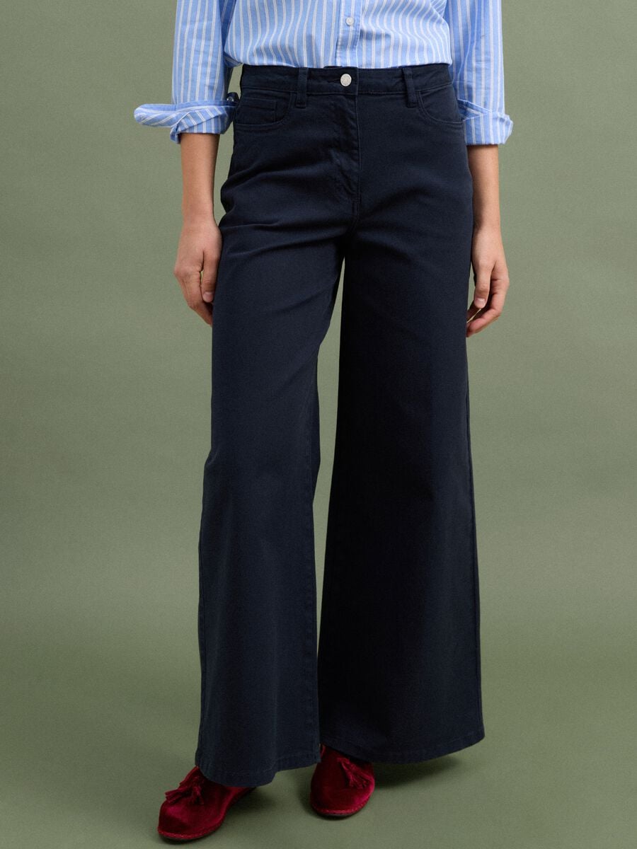 Navy stretch cotton wide-leg trousers_1